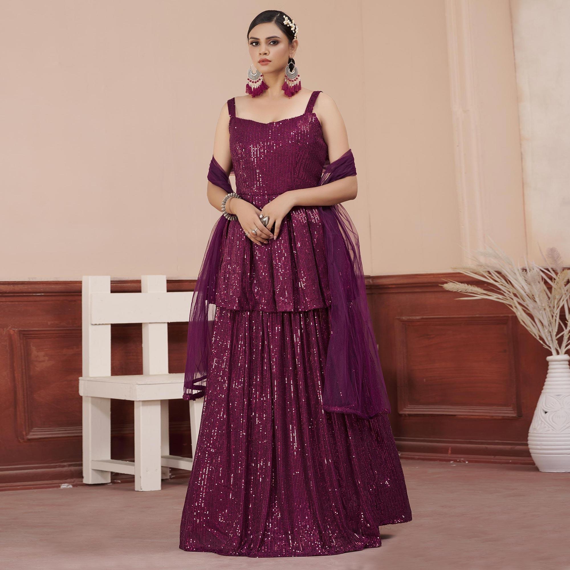 Purple Sequence Embroidered Art Silk Lehenga Choli - Peachmode