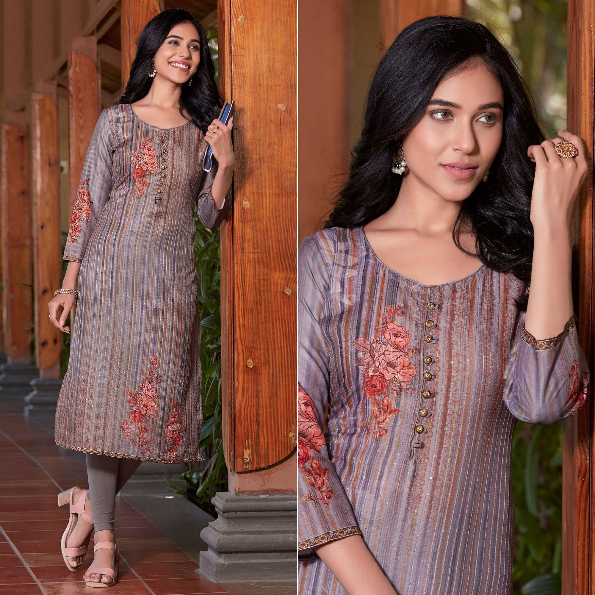 Purple Sequence Embroidered Cotton Silk Kurti - Peachmode