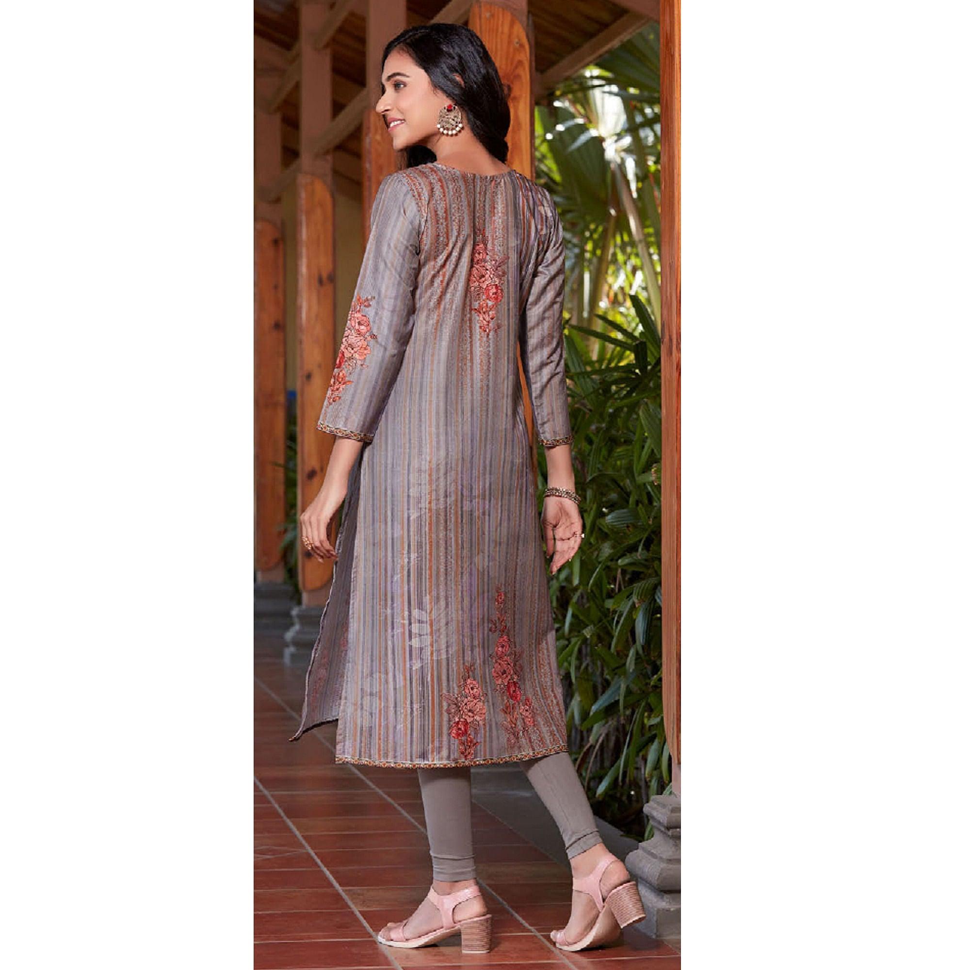 Purple Sequence Embroidered Cotton Silk Kurti - Peachmode