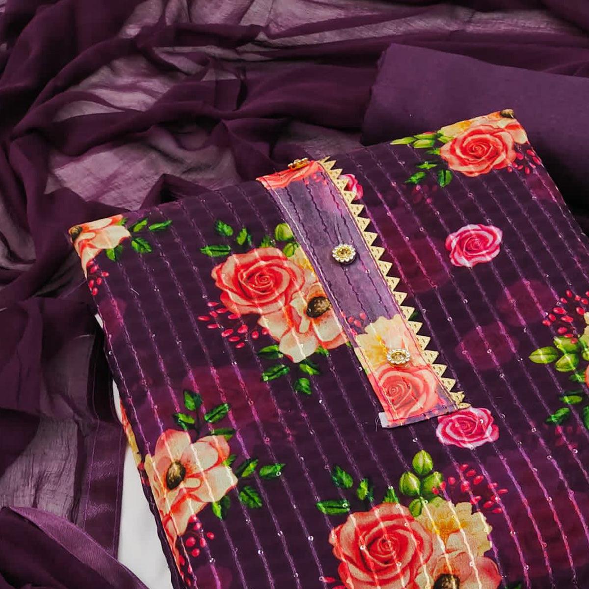 Purple Sequence Embroidered Georgette Dress Material - Peachmode