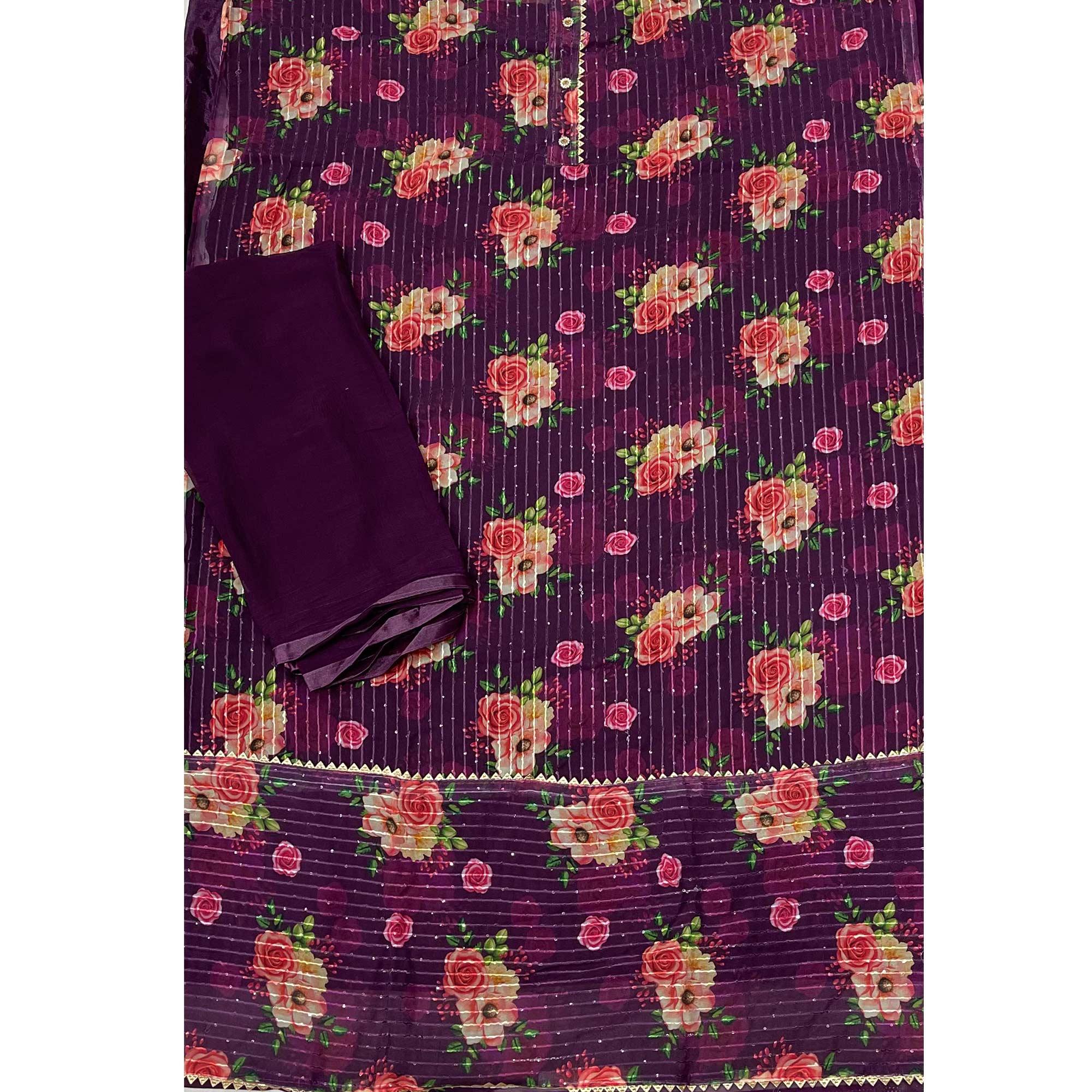 Purple Sequence Embroidered Georgette Dress Material - Peachmode