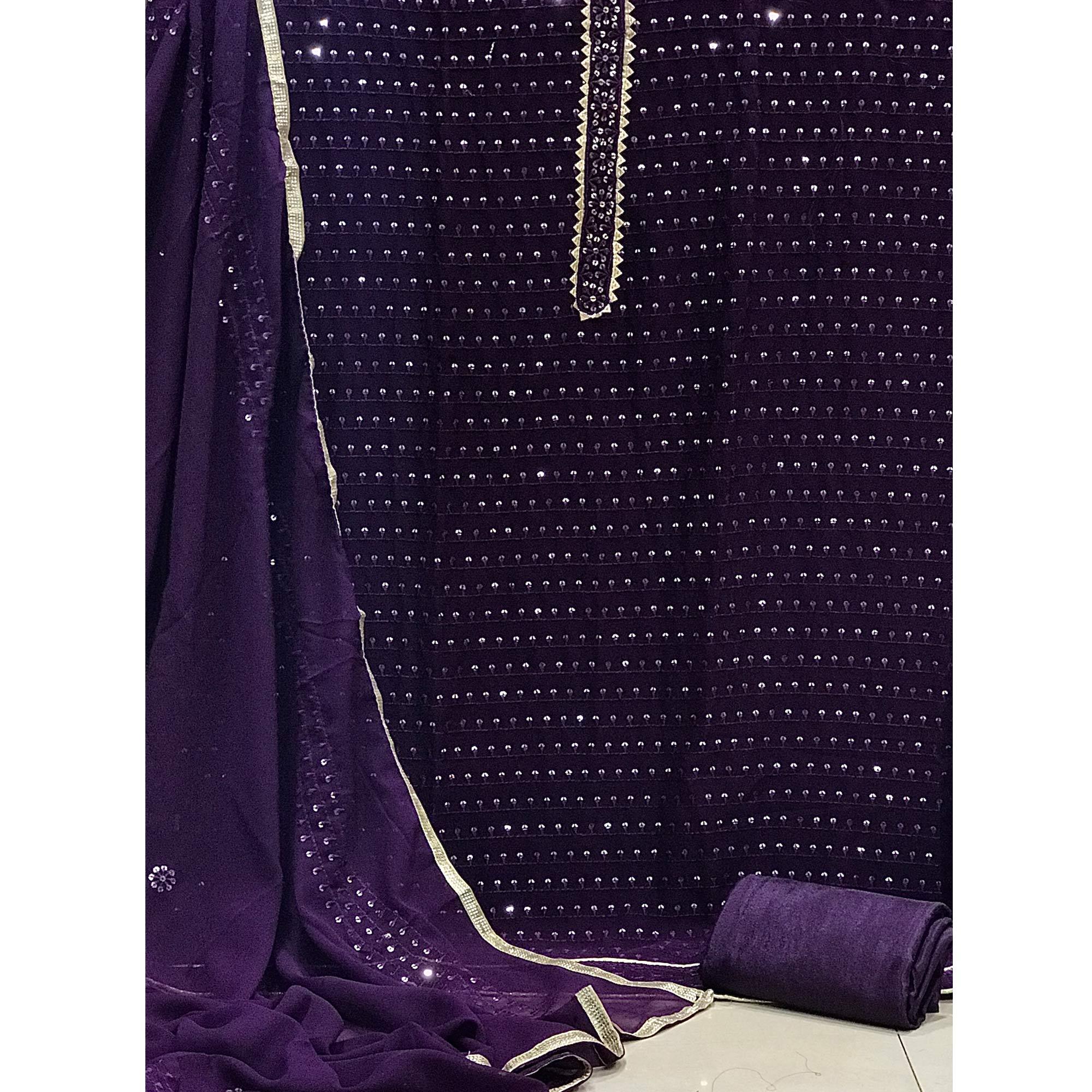Purple Sequence Embroidered Georgette Dress Material - Peachmode