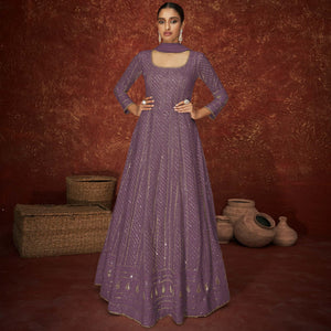 Purple Sequence Embroidered Georgette Gown - Peachmode