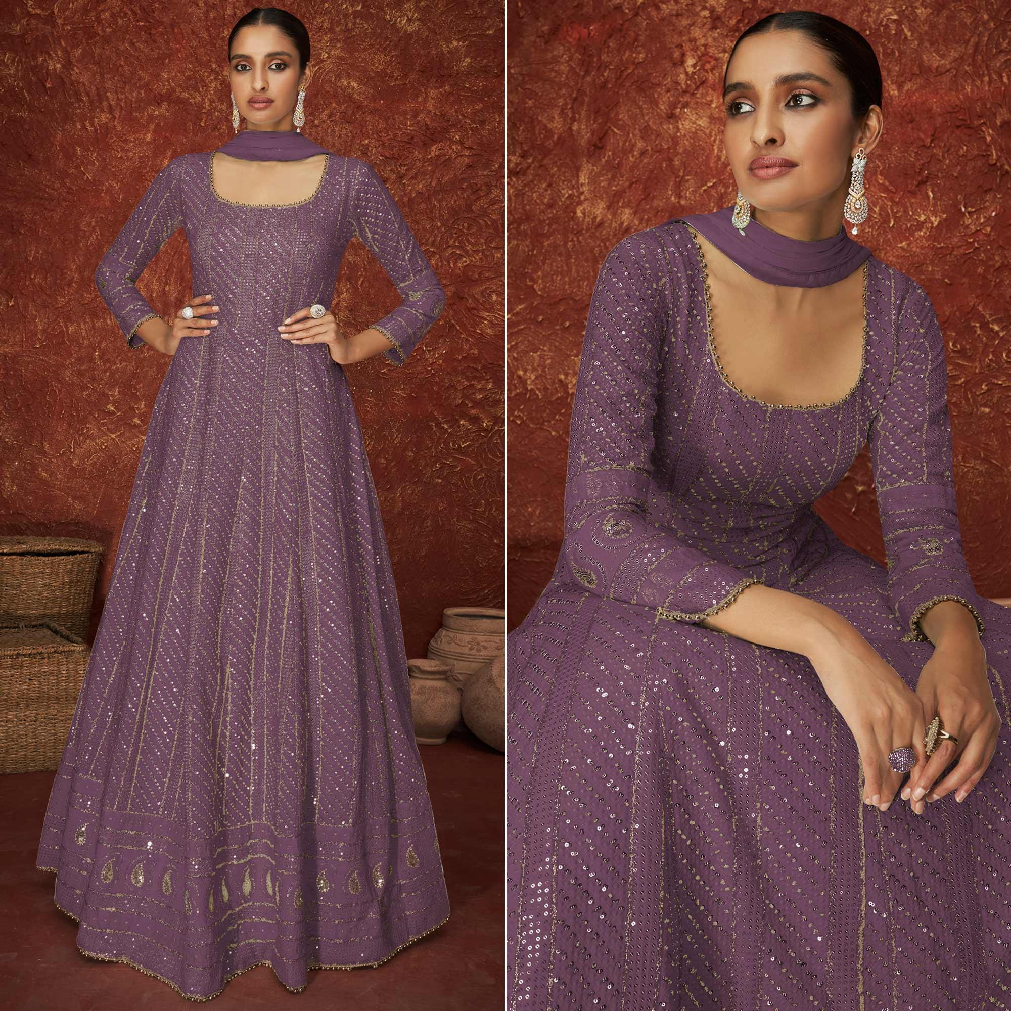Purple Sequence Embroidered Georgette Gown - Peachmode