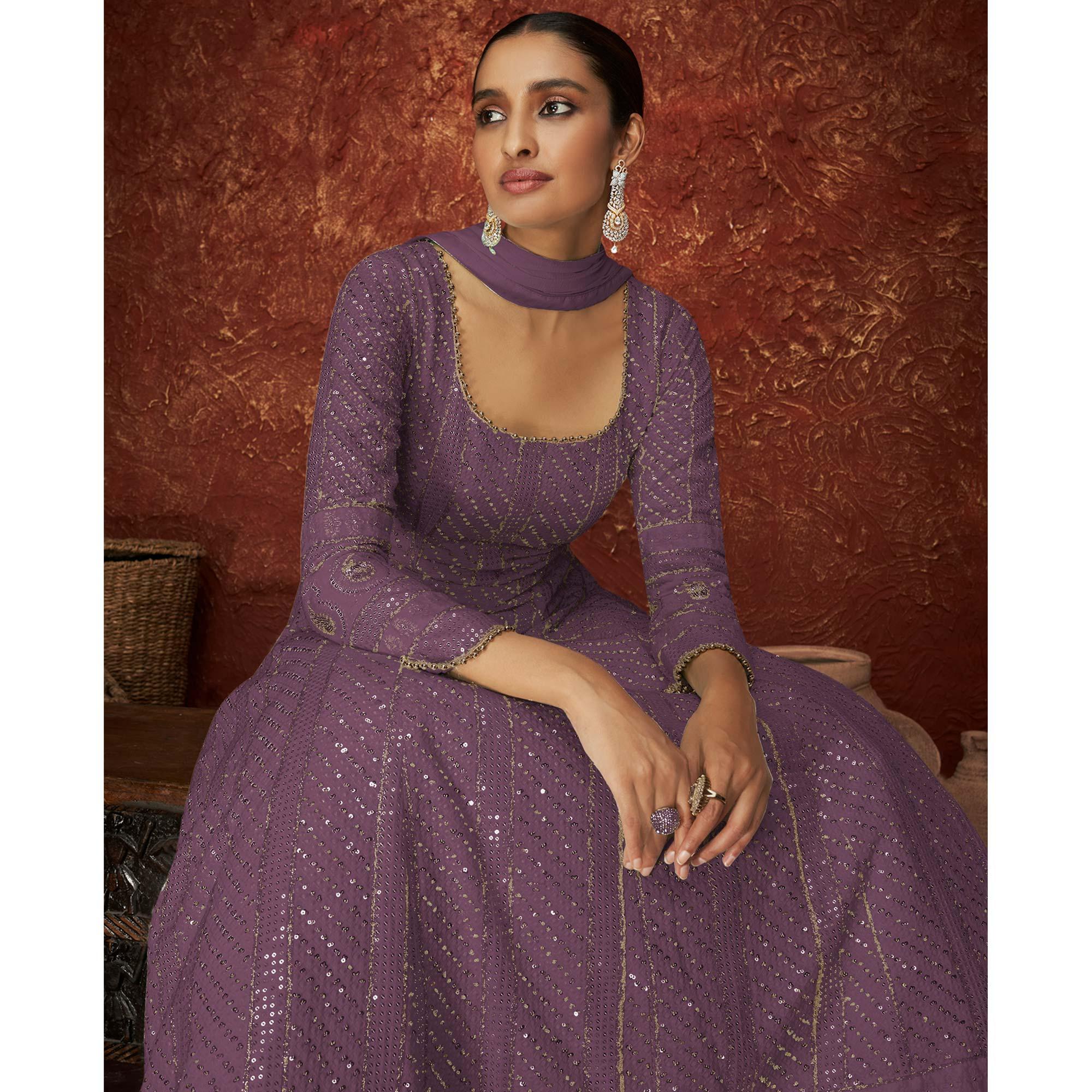 Purple Sequence Embroidered Georgette Gown - Peachmode