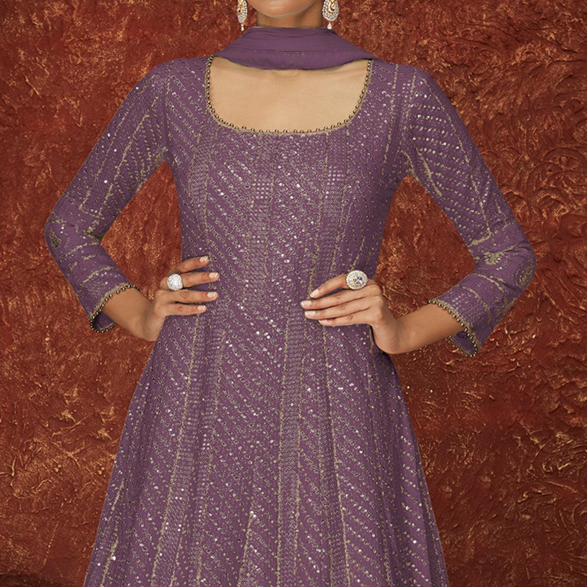 Purple Sequence Embroidered Georgette Gown - Peachmode