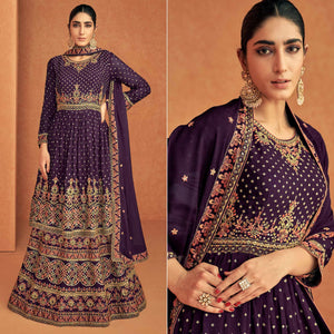 Purple Sequence Embroidered Georgette Lehenga With Top - Peachmode