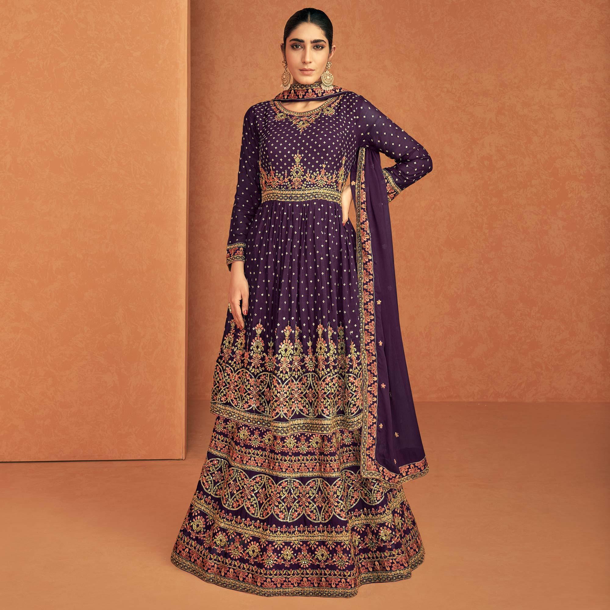 Purple Sequence Embroidered Georgette Lehenga With Top - Peachmode
