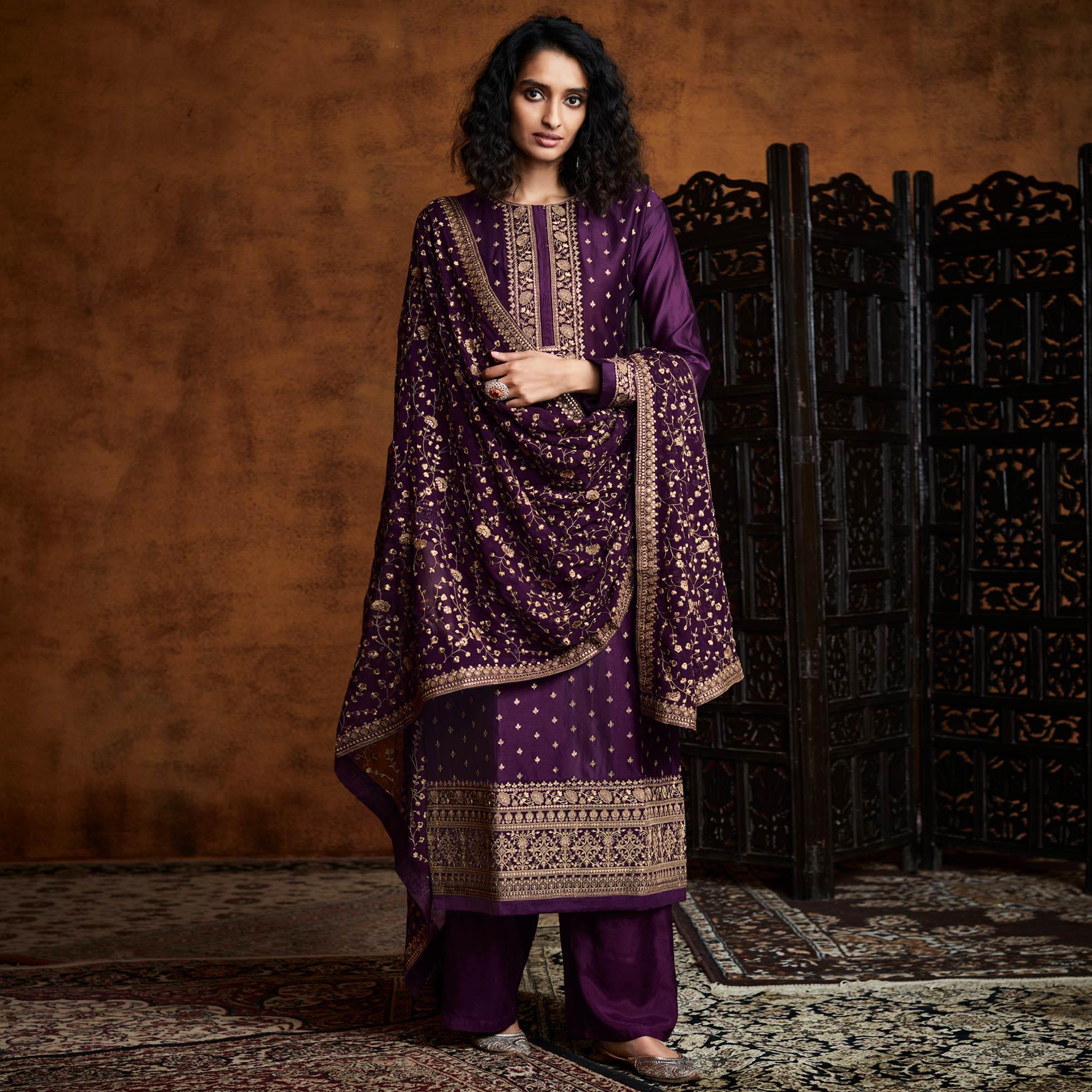 Purple Sequence Embroidered Georgette Partywear Suit - Peachmode