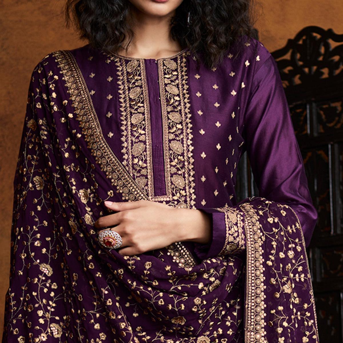 Purple Sequence Embroidered Georgette Partywear Suit - Peachmode