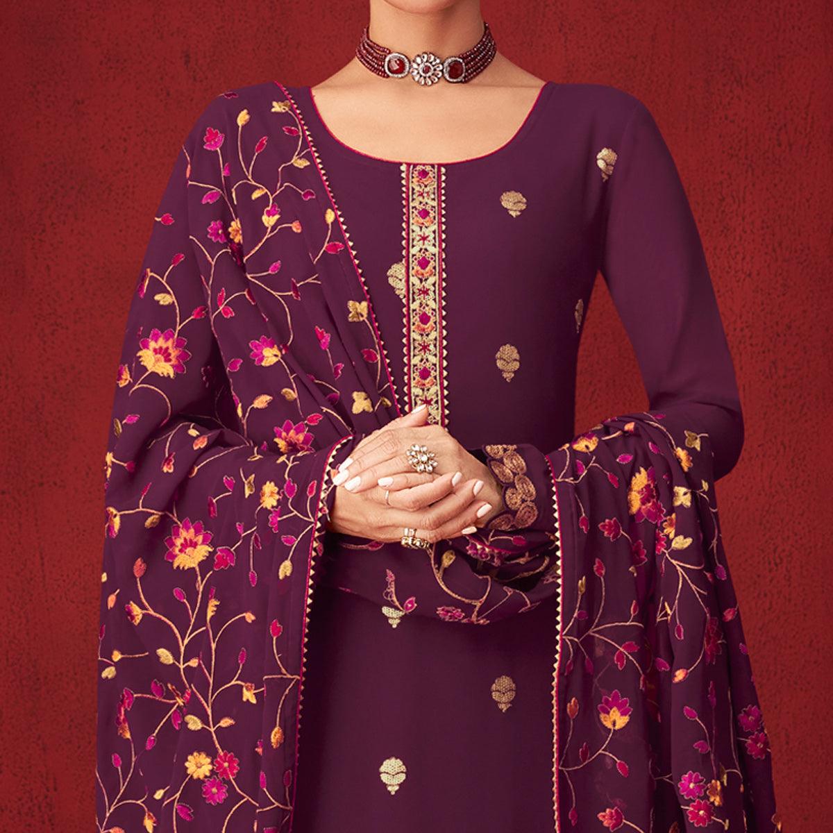 Purple Sequence Embroidered Georgette Partywear Suit - Peachmode