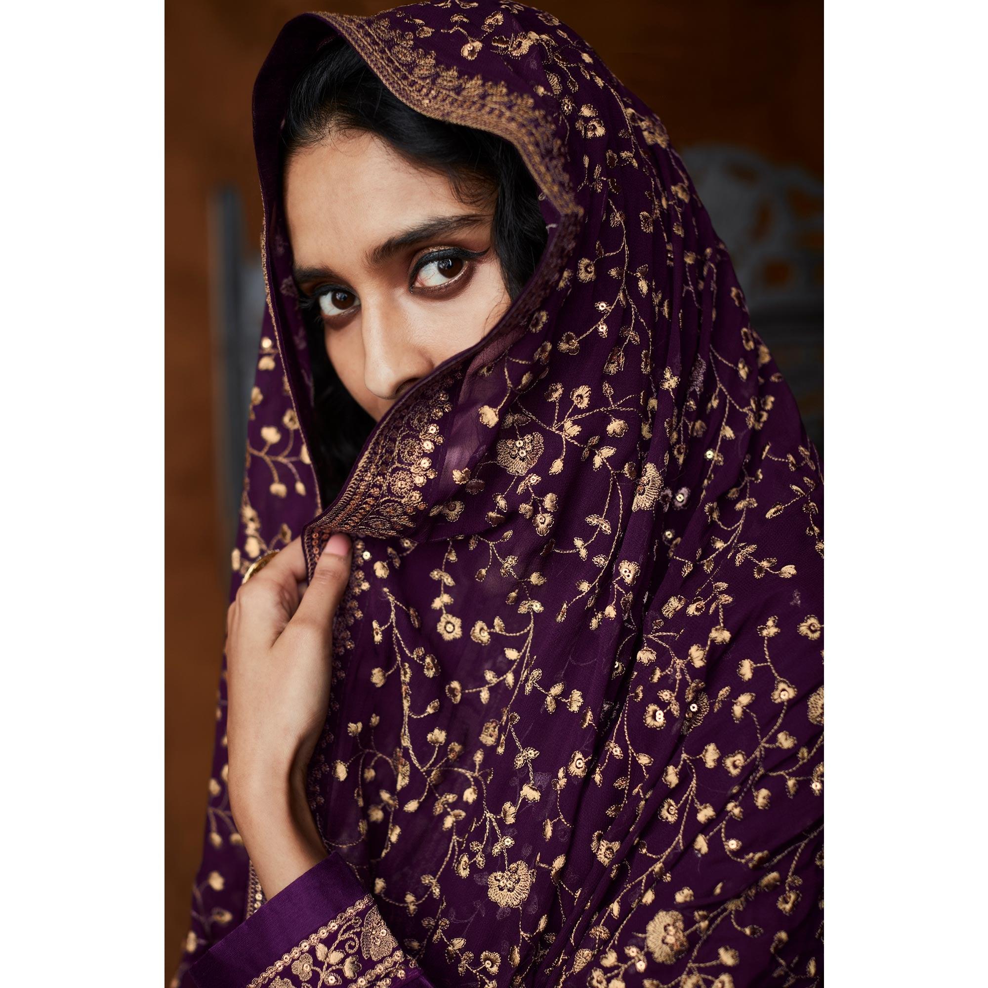 Purple Sequence Embroidered Georgette Partywear Suit - Peachmode