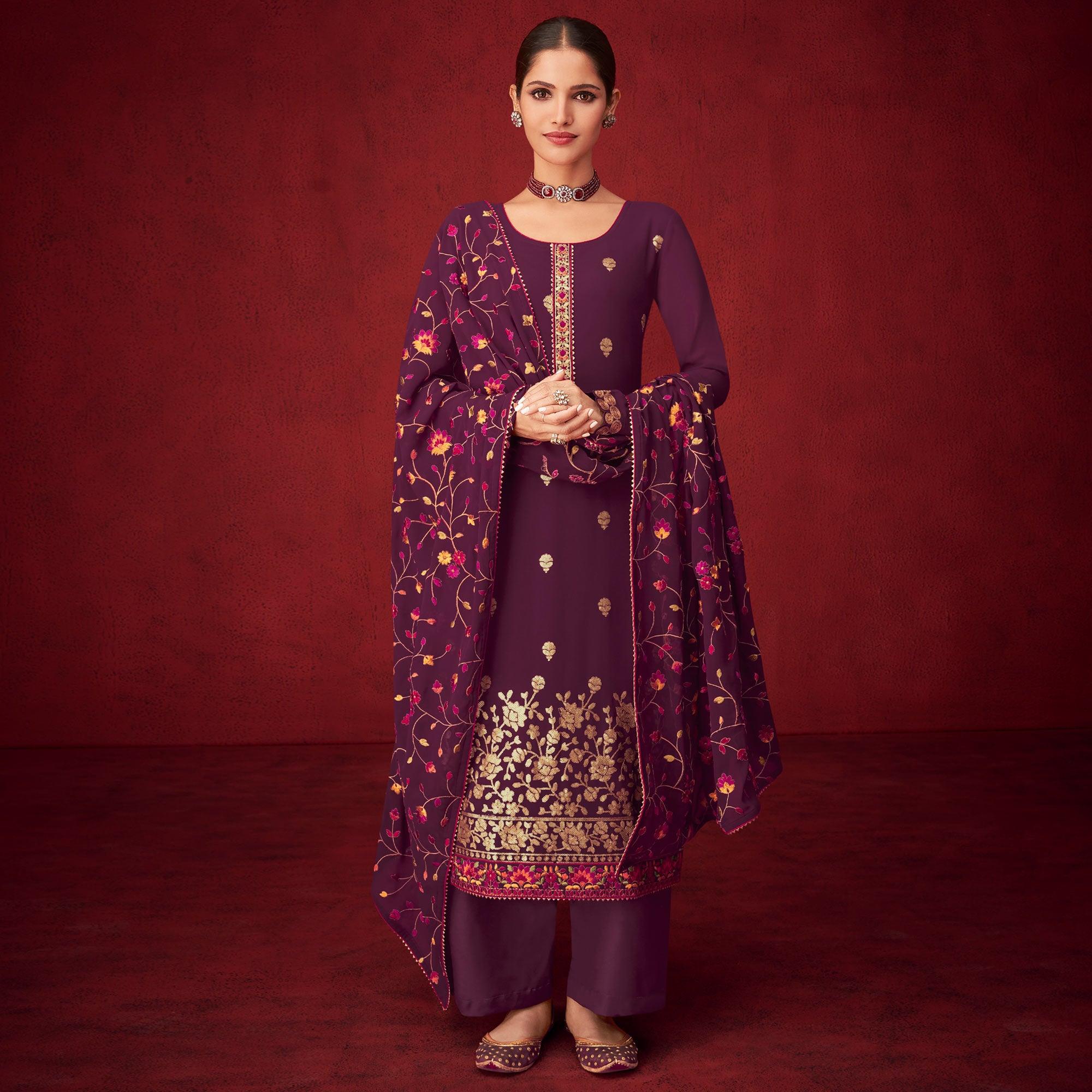 Purple Sequence Embroidered Georgette Partywear Suit - Peachmode