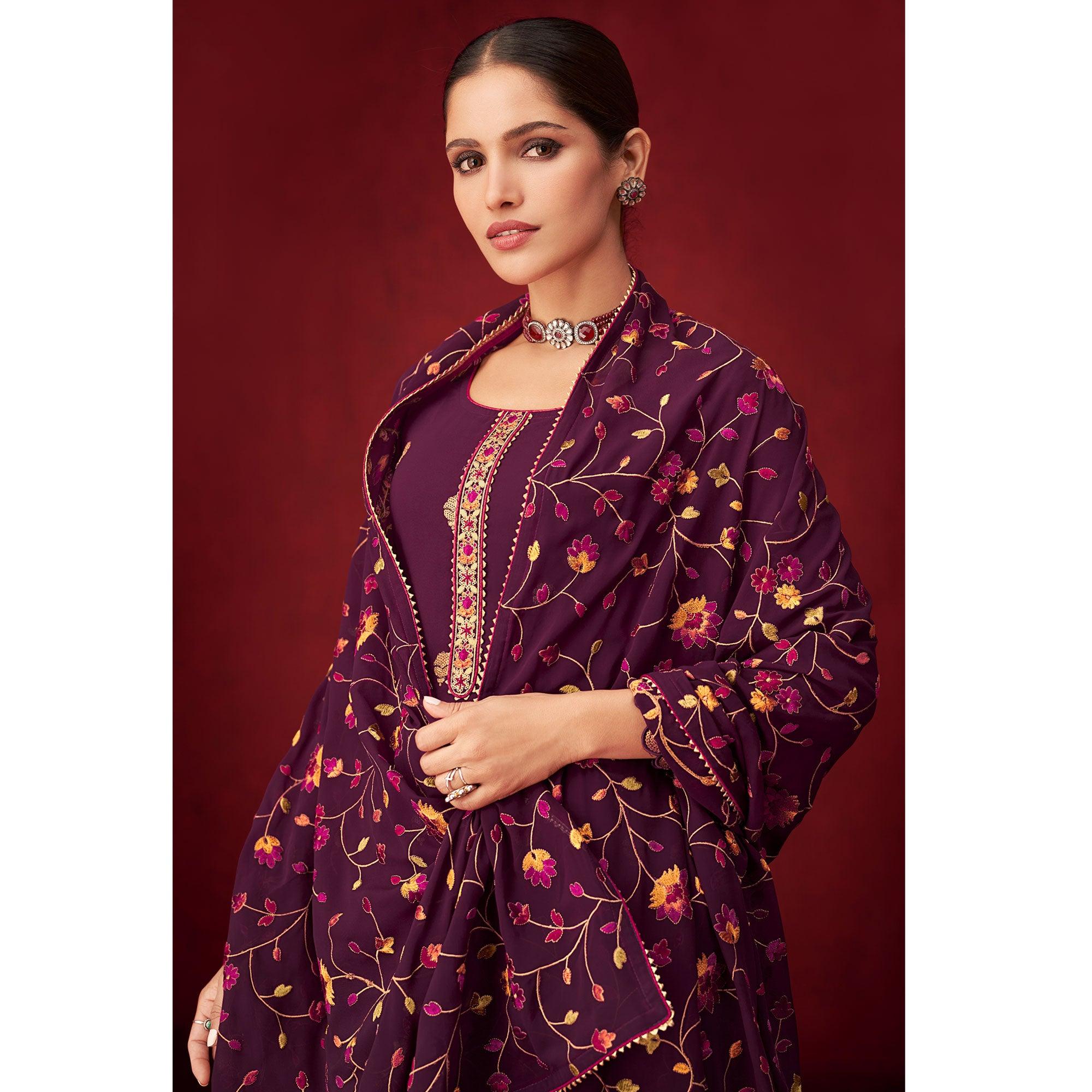 Purple Sequence Embroidered Georgette Partywear Suit - Peachmode