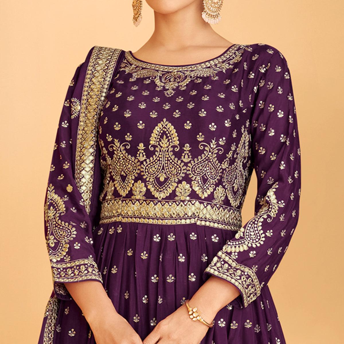 Purple Sequence Embroidered Georgette Sharara Suit - Peachmode