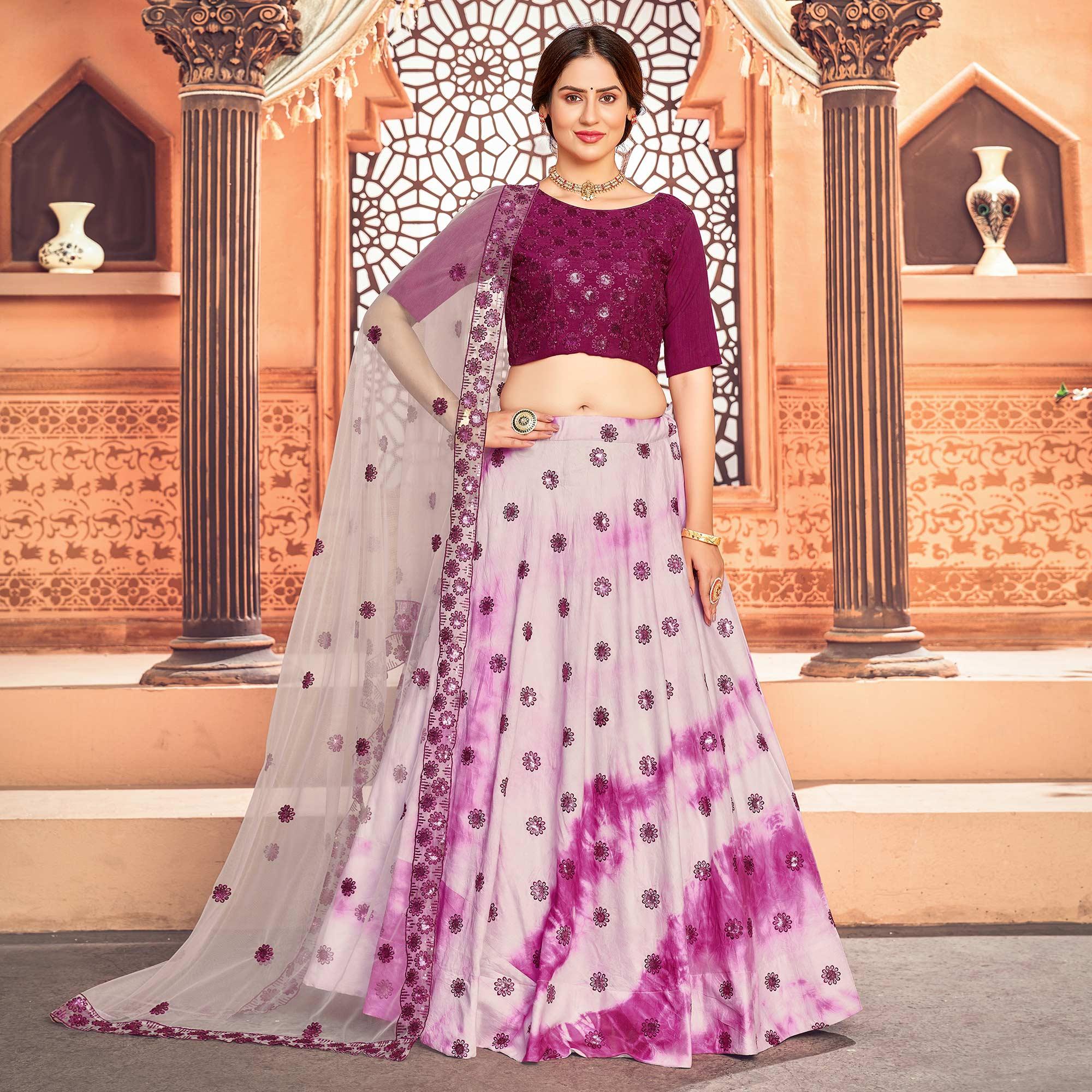 Purple Sequence Embroidered Poly Cotton Lehenga Choli - Peachmode