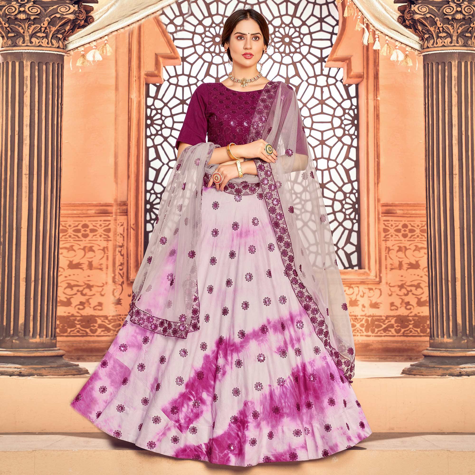 Purple Sequence Embroidered Poly Cotton Lehenga Choli - Peachmode