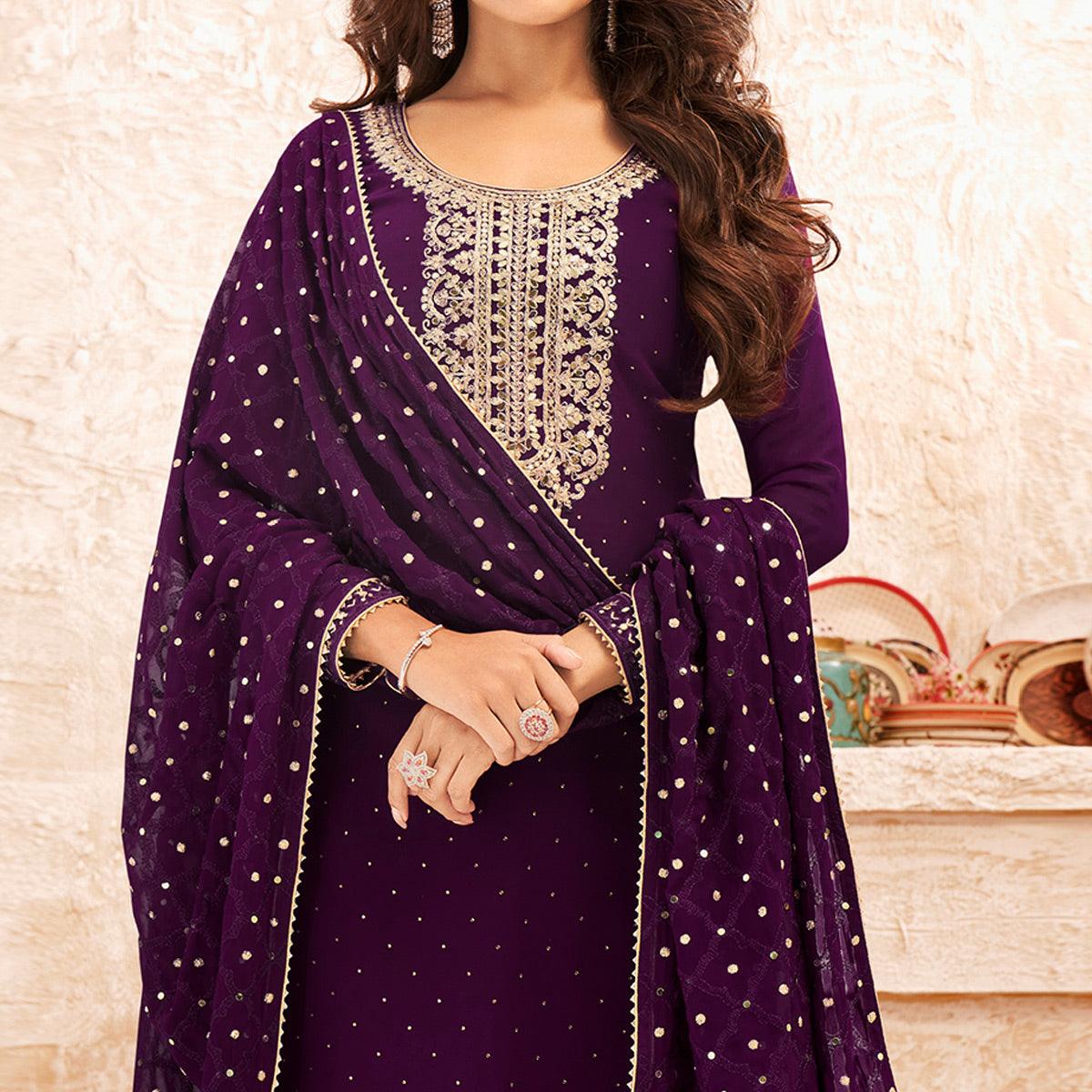 Purple Sequence Embroidered Real Georgette Partywear Suit - Peachmode