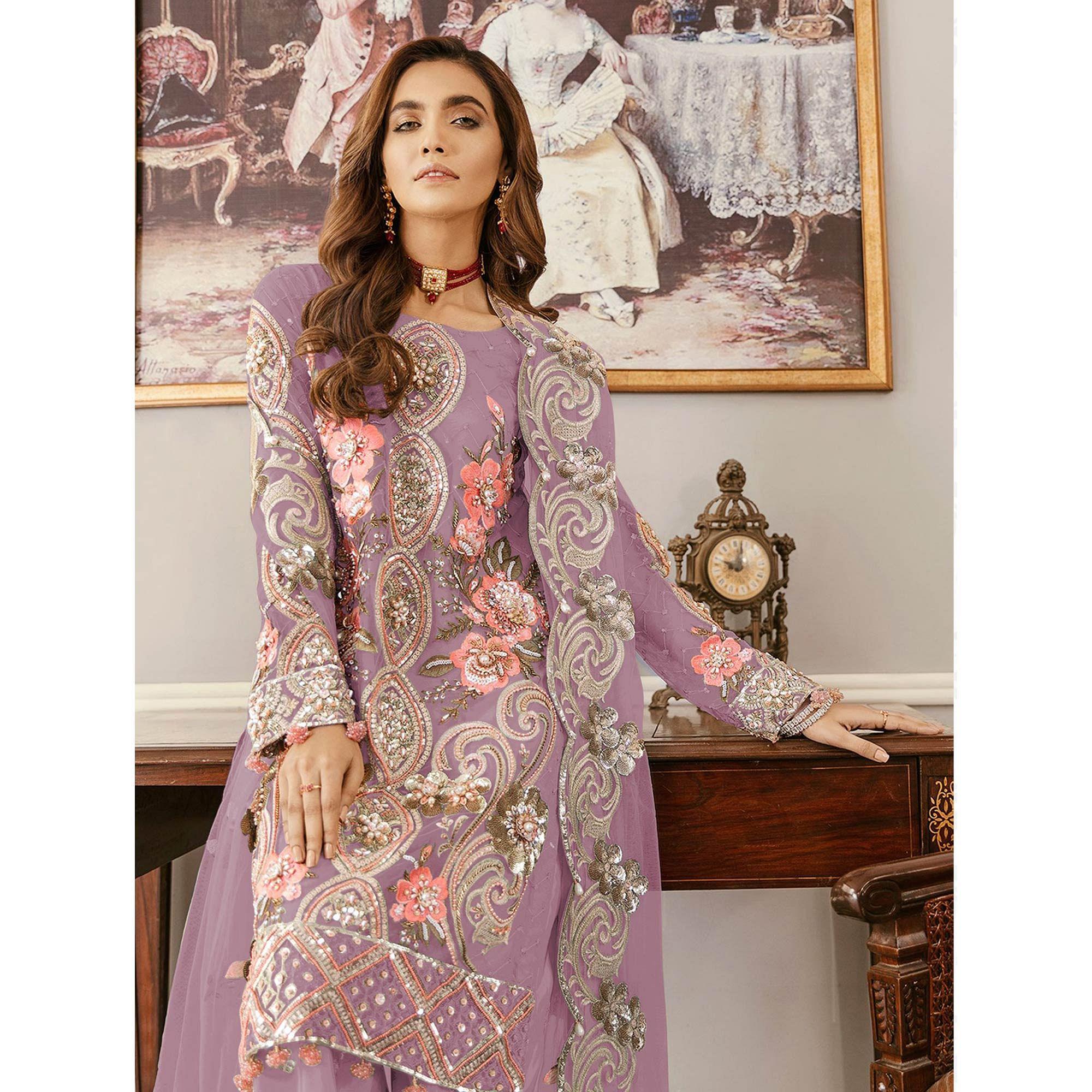 Purple Sequence Embroidered  Soft Net Partywear Pakistani Suit - Peachmode