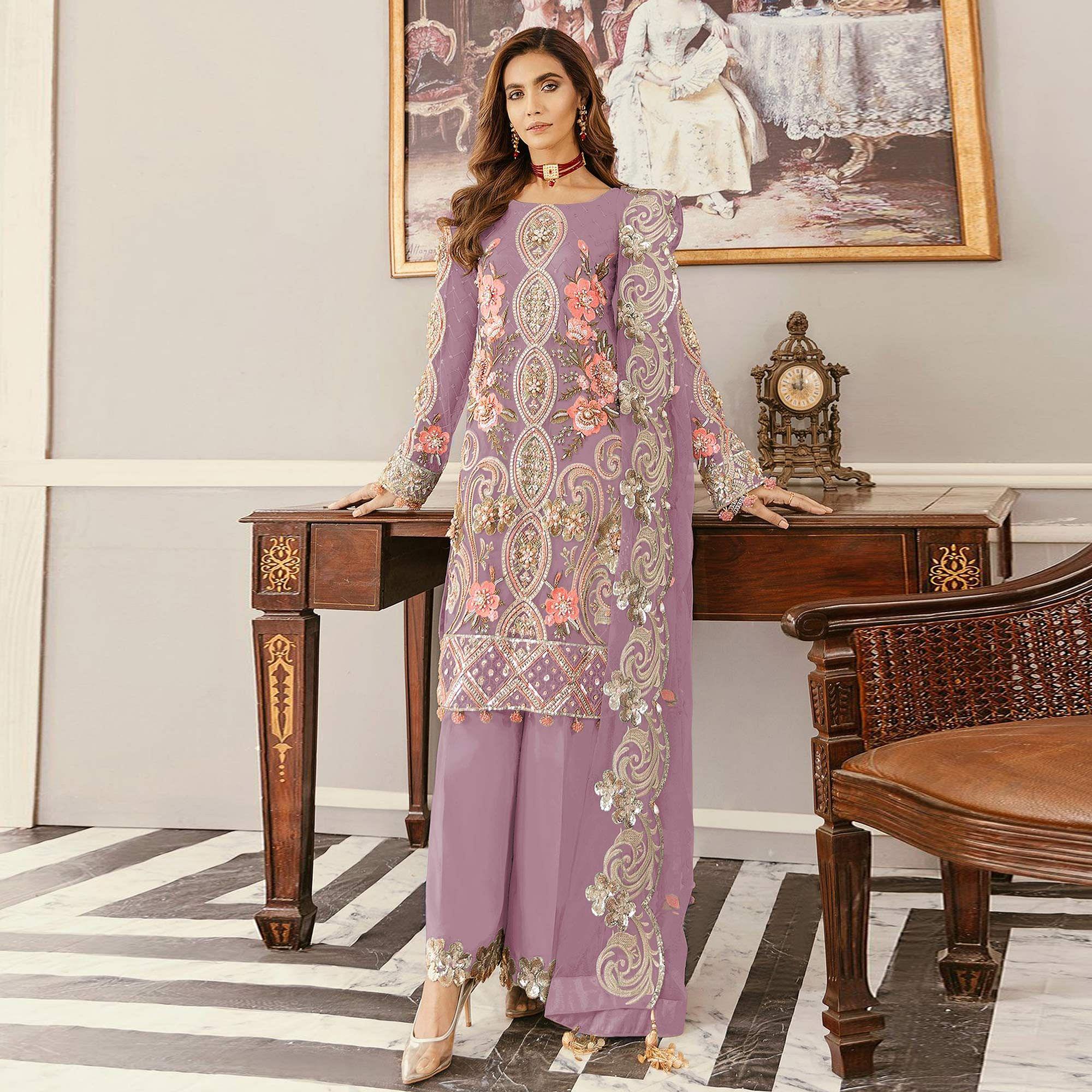 Purple Sequence Embroidered  Soft Net Partywear Pakistani Suit - Peachmode