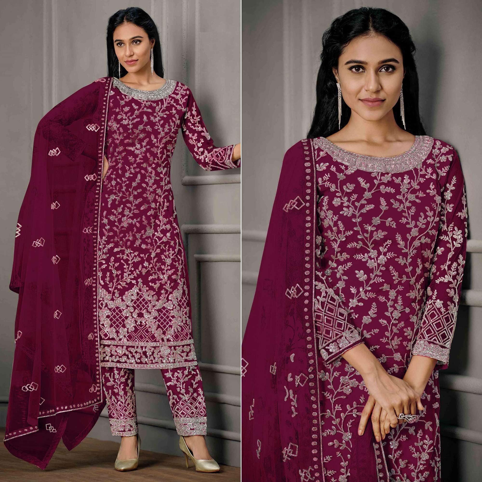 Purple Sequence Floral Embroidered Net Salwar Suit - Peachmode