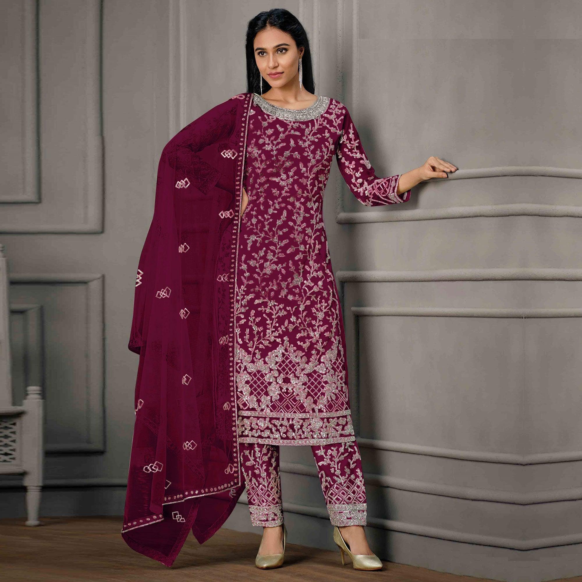 Purple Sequence Floral Embroidered Net Salwar Suit - Peachmode