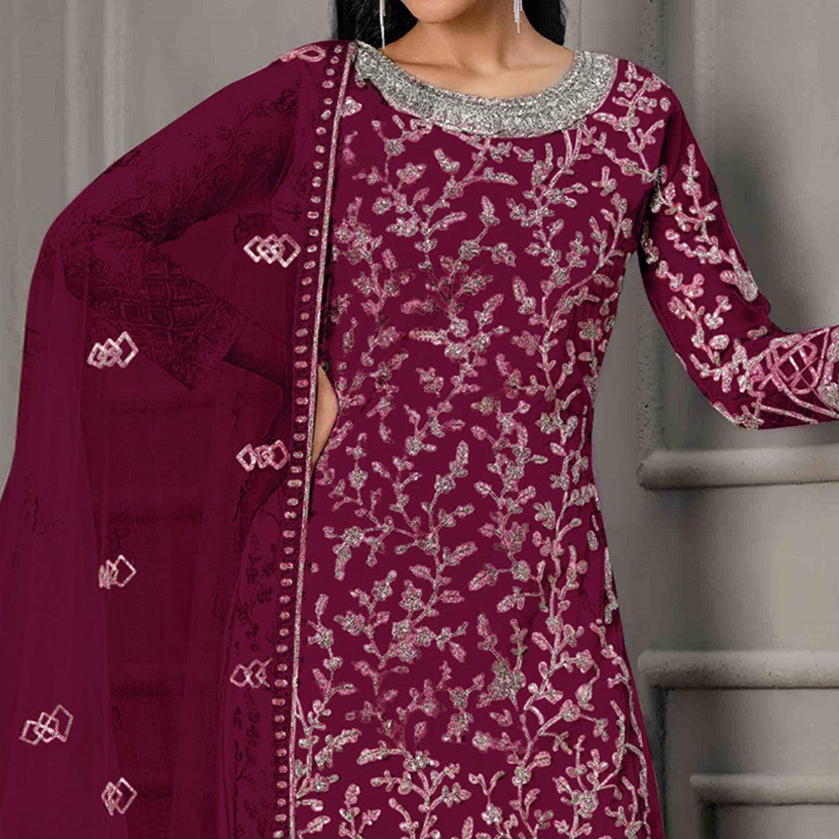 Purple Sequence Floral Embroidered Net Salwar Suit - Peachmode