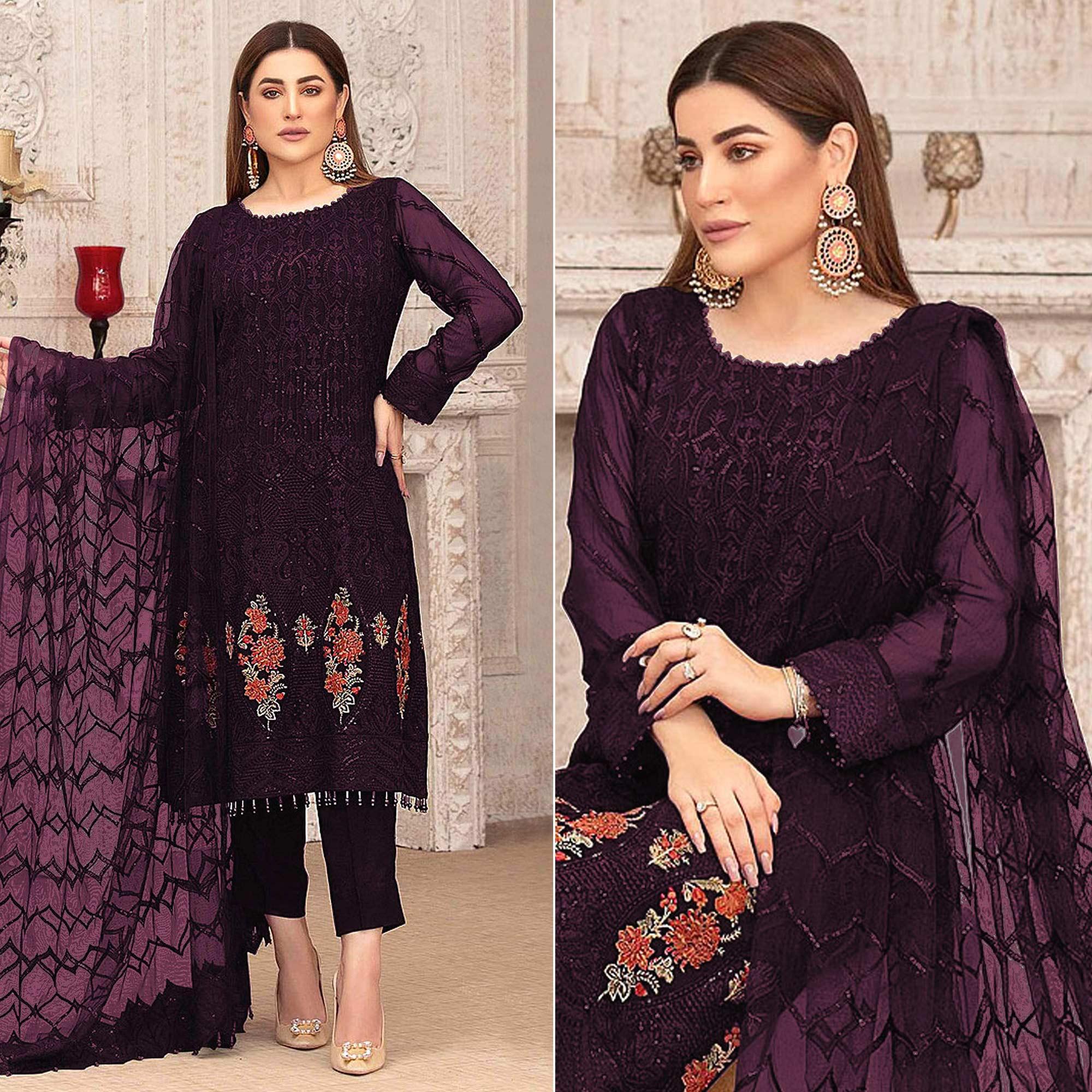 Purple Sequence With Floral Embroidered Georgette Pakistani Suit - Peachmode