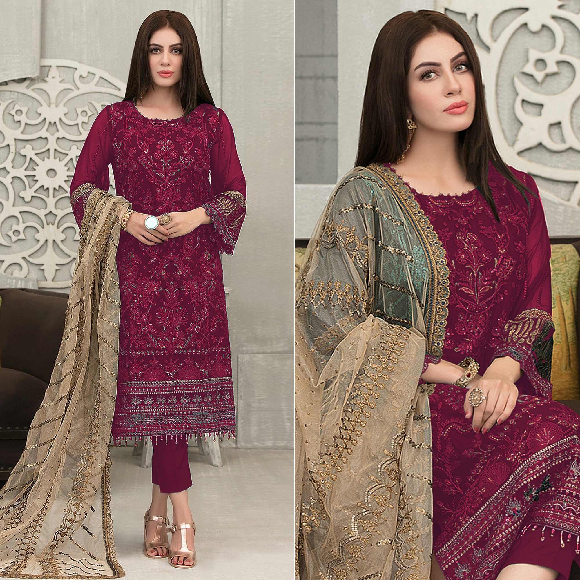 Purple Sequence With Floral Embroidered Georgette Pakistani Suit - Peachmode