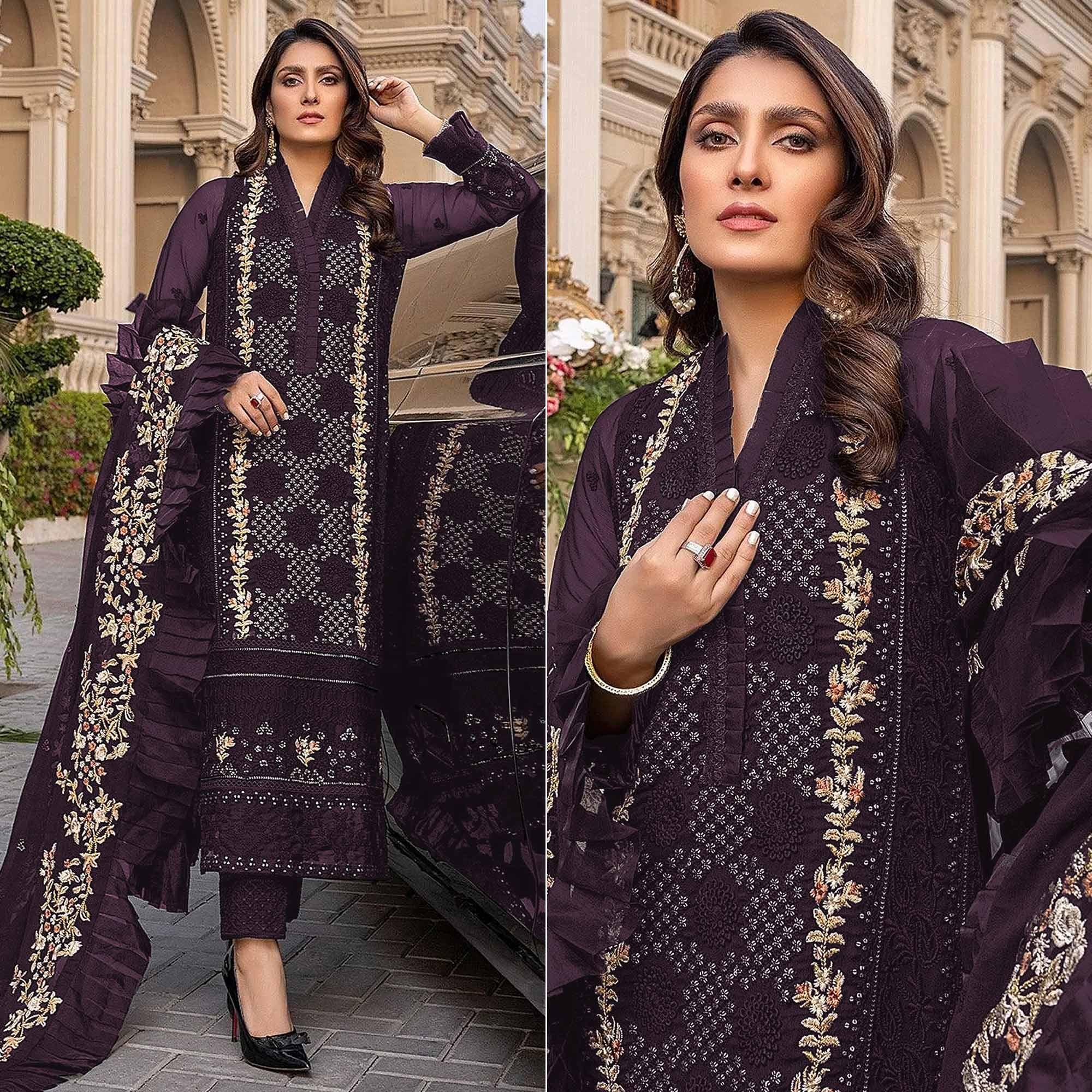 Purple Sequence With Floral Embroidered Georgette Pakistani Suit - Peachmode