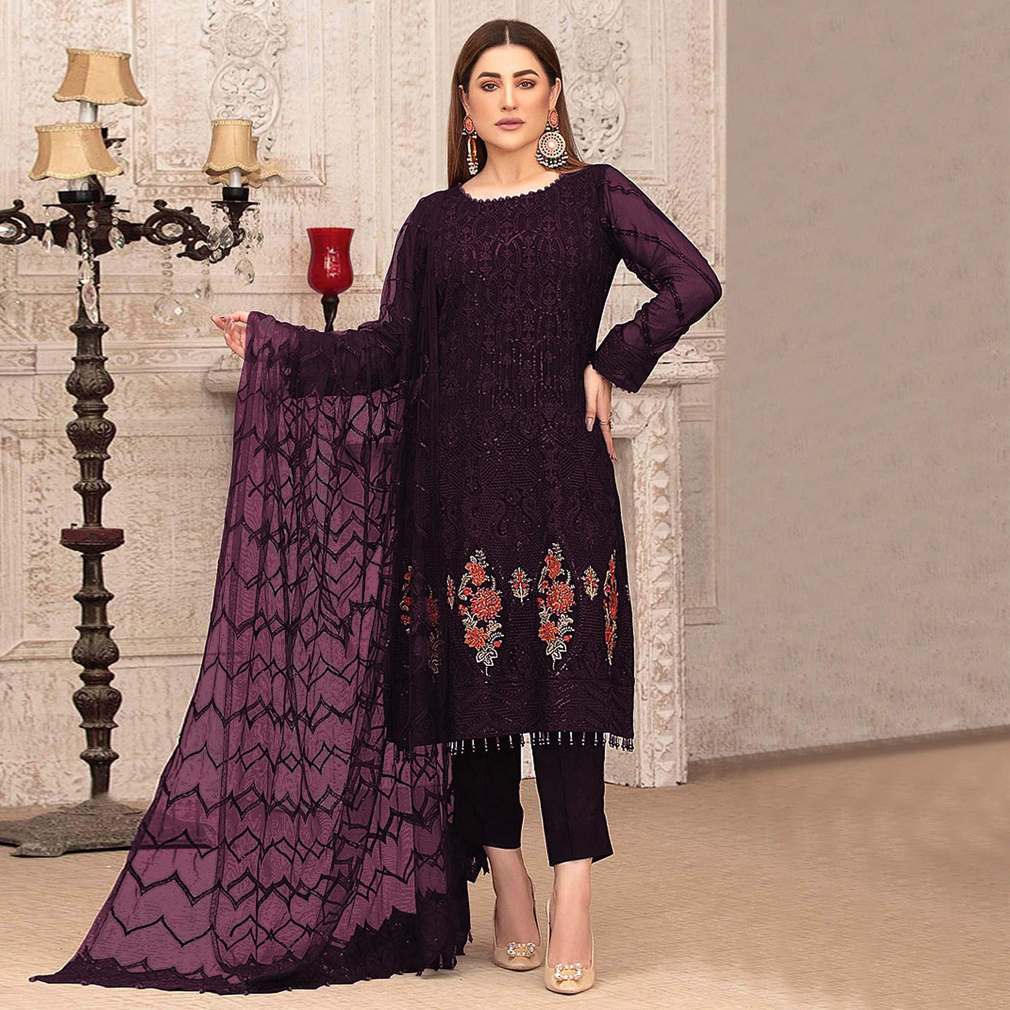 Purple Sequence With Floral Embroidered Georgette Pakistani Suit - Peachmode