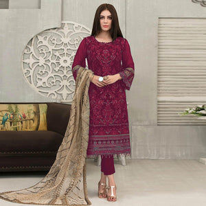 Purple Sequence With Floral Embroidered Georgette Pakistani Suit - Peachmode