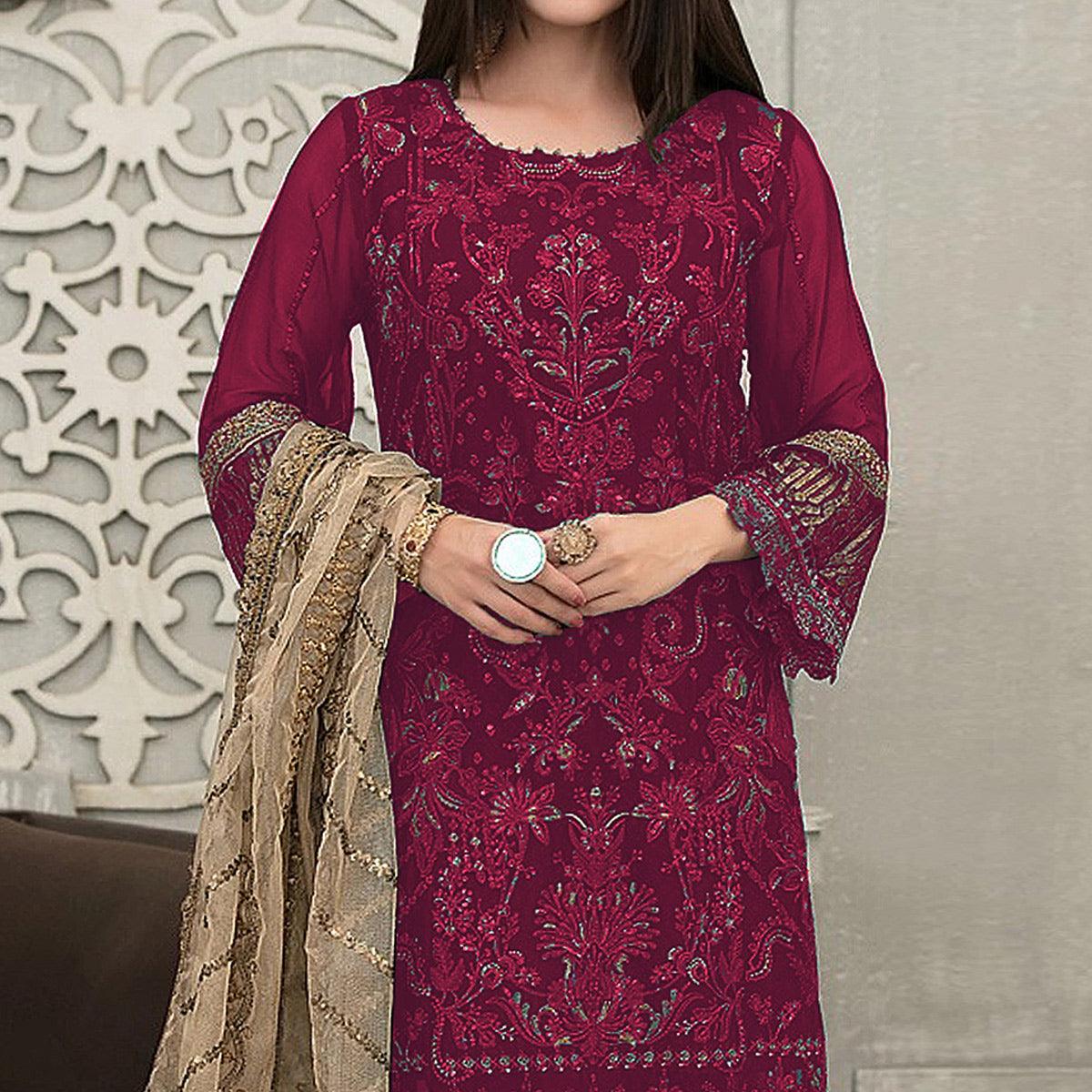 Purple Sequence With Floral Embroidered Georgette Pakistani Suit - Peachmode