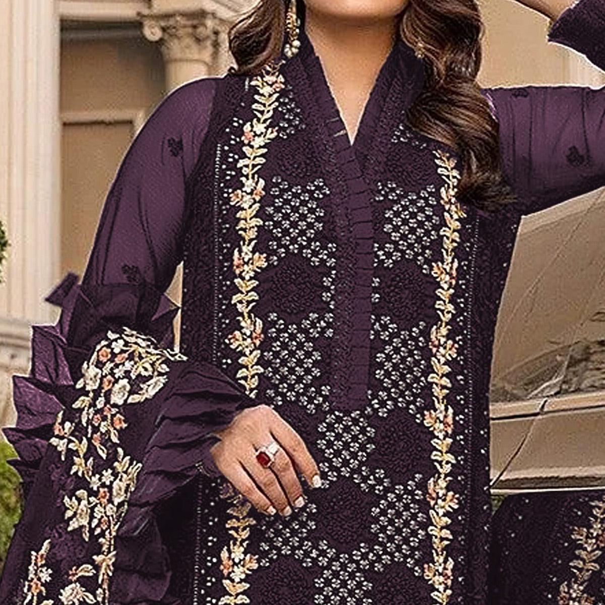 Purple Sequence With Floral Embroidered Georgette Pakistani Suit - Peachmode