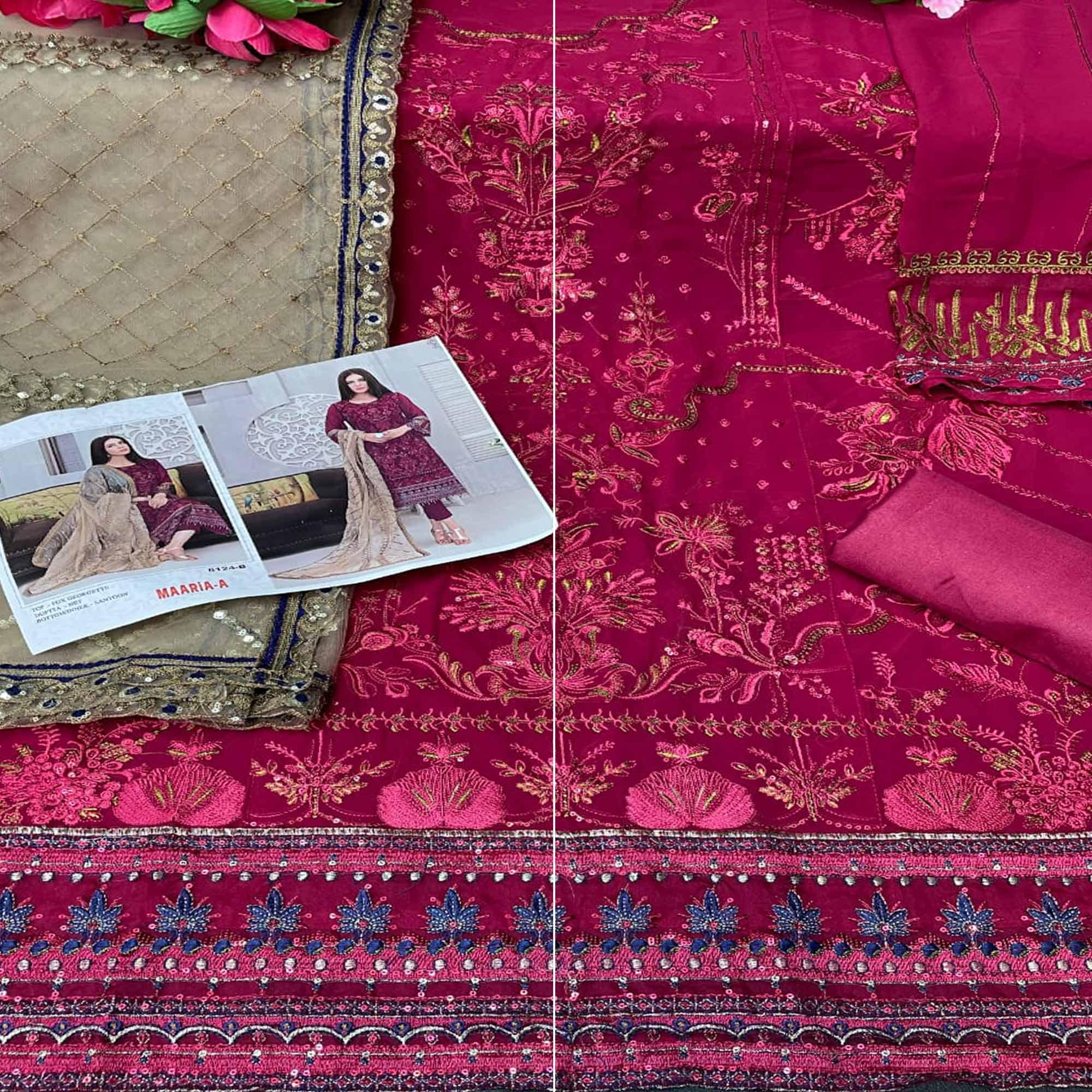 Purple Sequence With Floral Embroidered Georgette Pakistani Suit - Peachmode