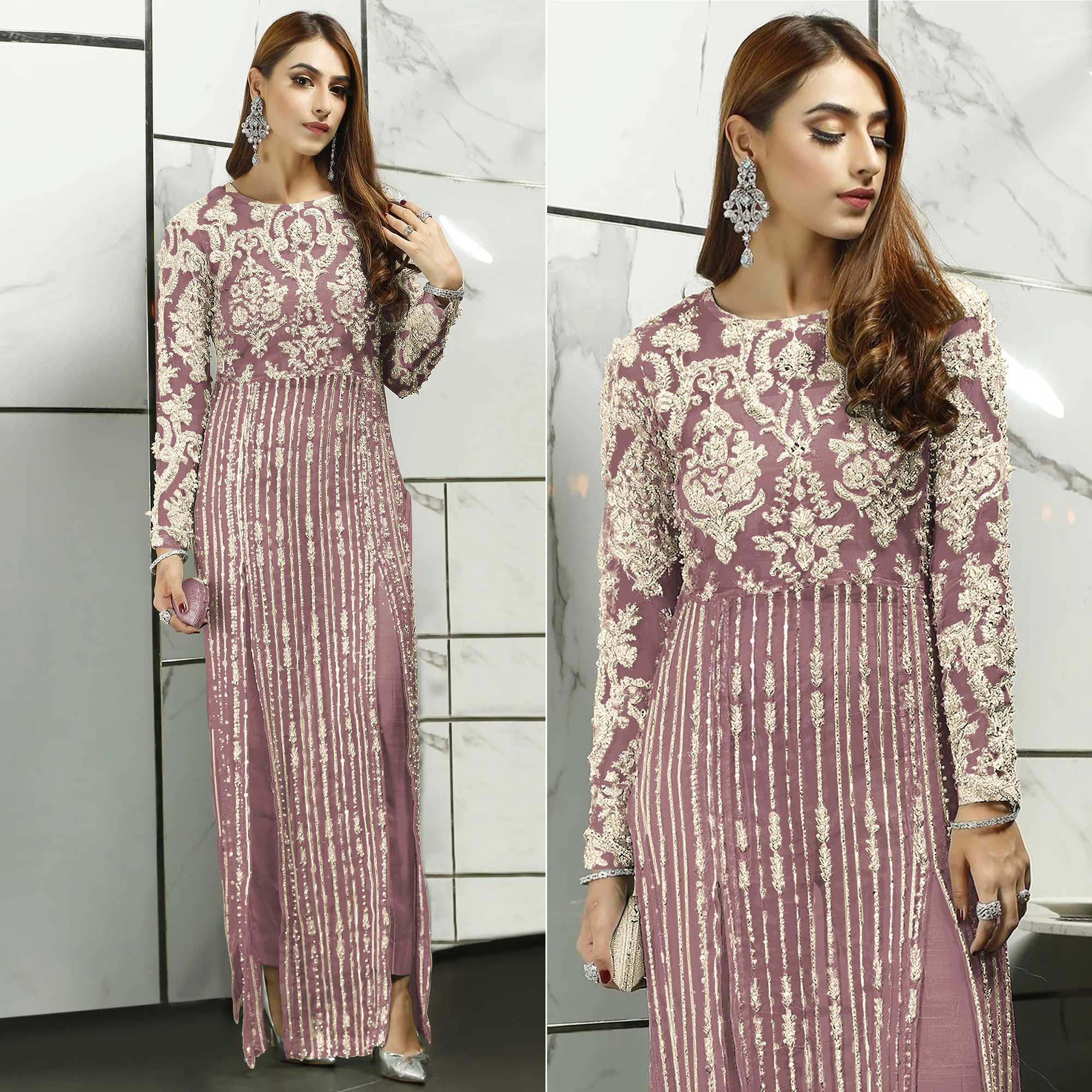 Purple Sequence With Floral Embroidered Net Pakistani Suit - Peachmode