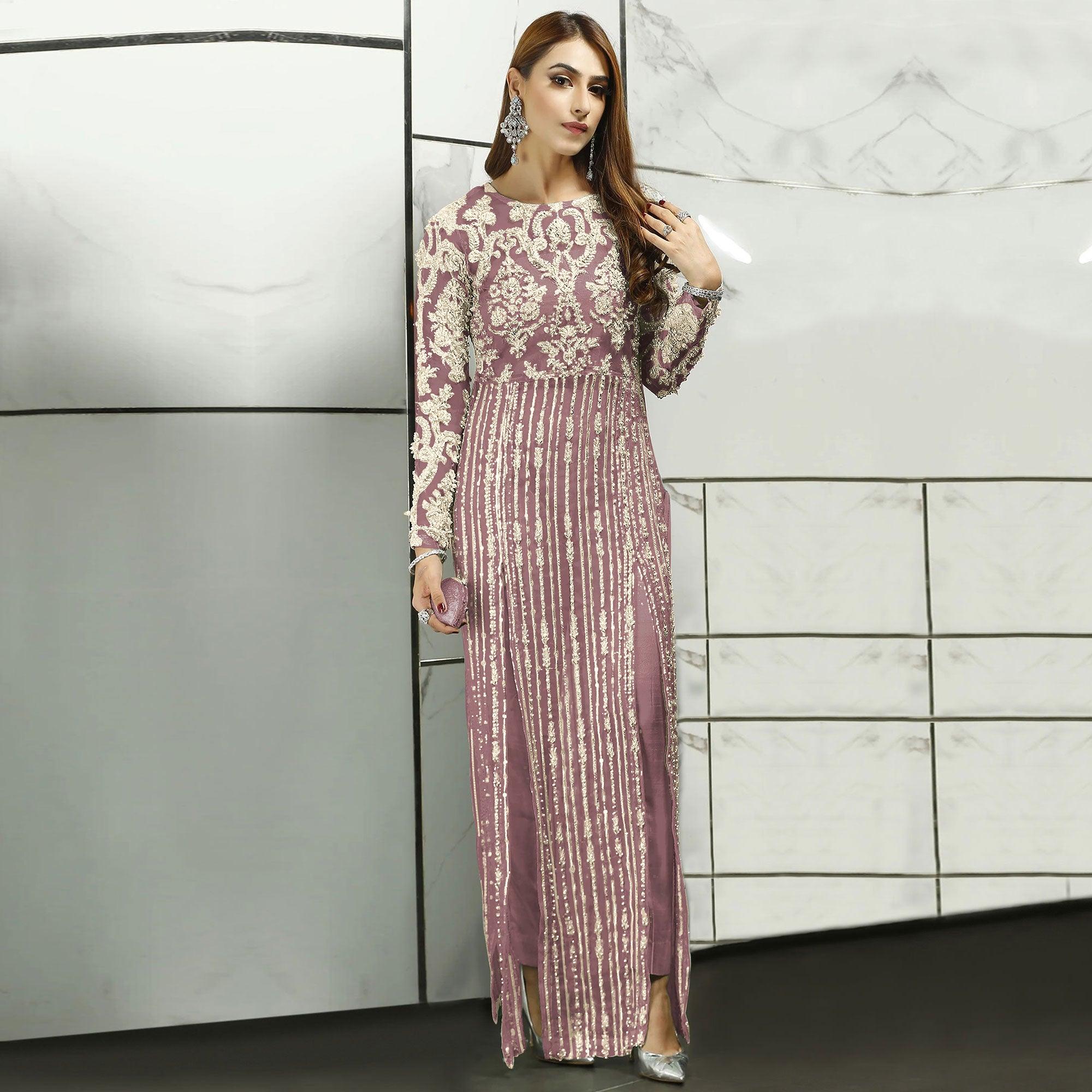 Purple Sequence With Floral Embroidered Net Pakistani Suit - Peachmode