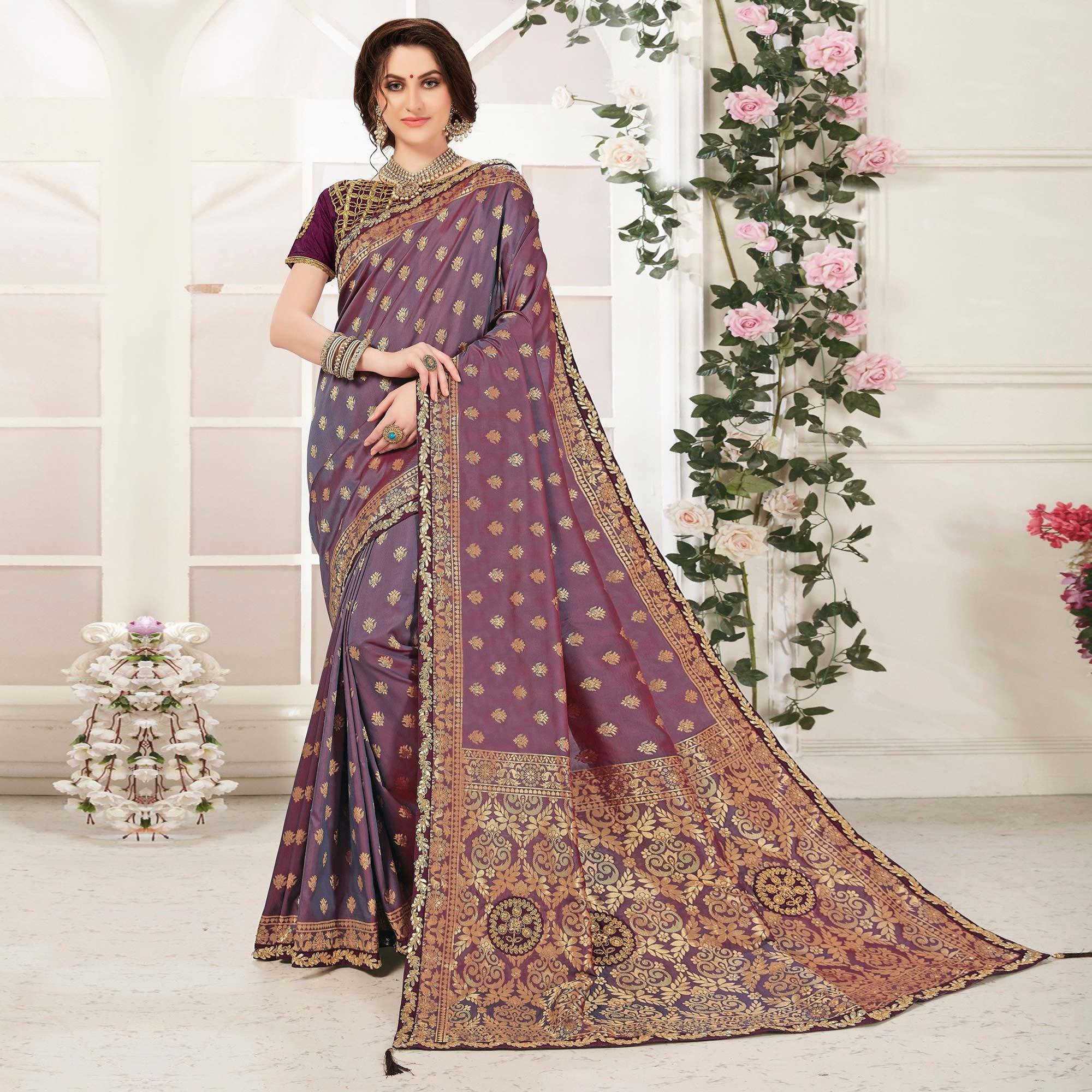 Purple Sequence With Woven Banarasi Silk Saree - Peachmode