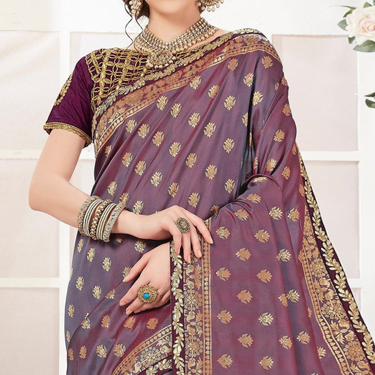 Purple Sequence With Woven Banarasi Silk Saree - Peachmode
