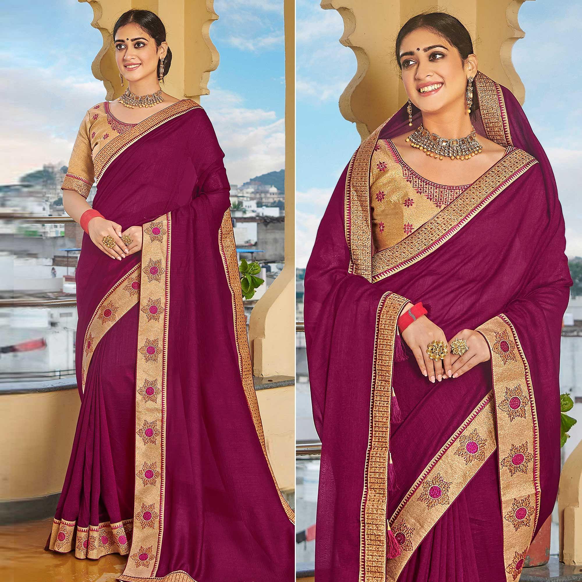 Purple Solid-Embroidered Border Vichitra Silk Saree With Tassels With Tassels - Peachmode