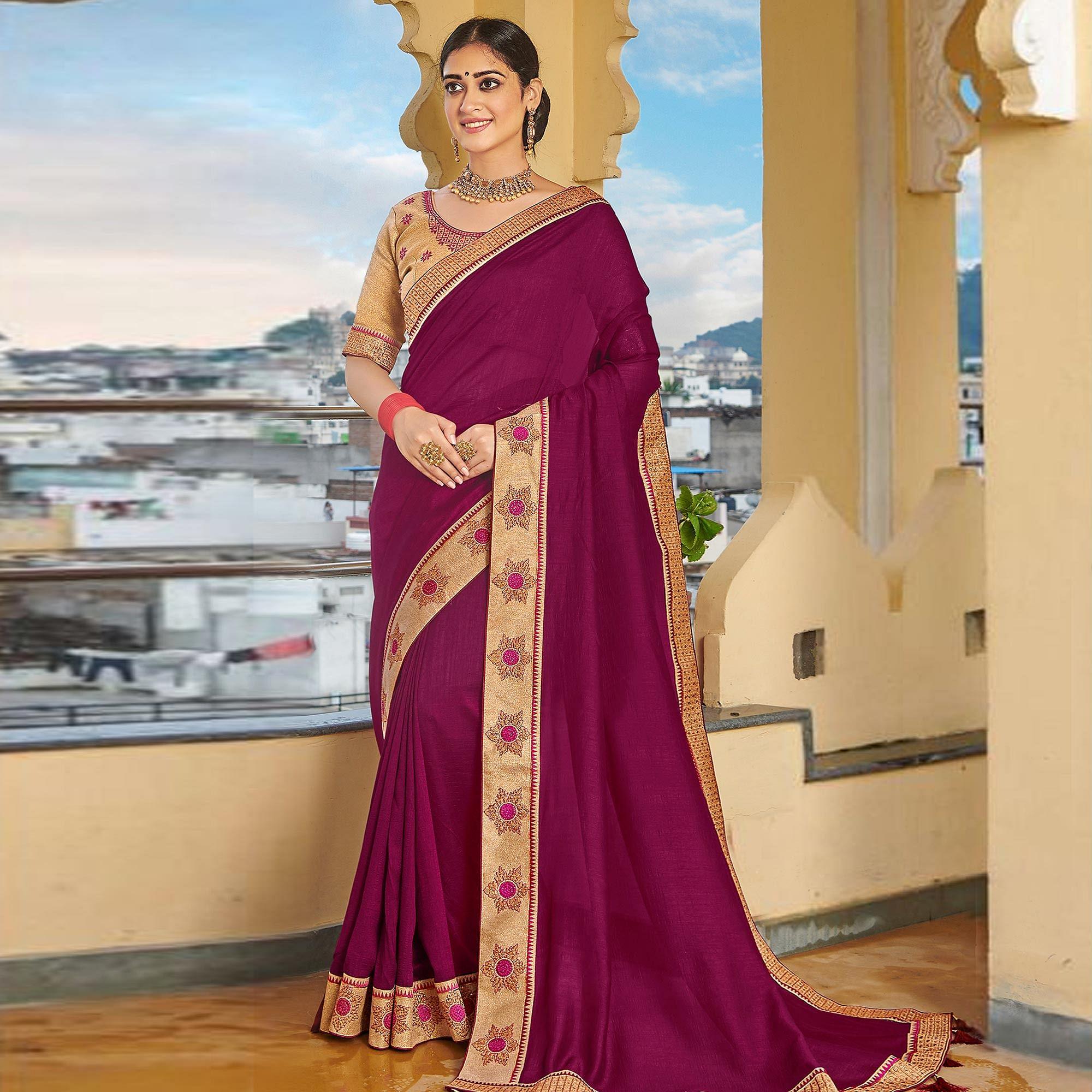 Purple Solid-Embroidered Border Vichitra Silk Saree With Tassels With Tassels - Peachmode