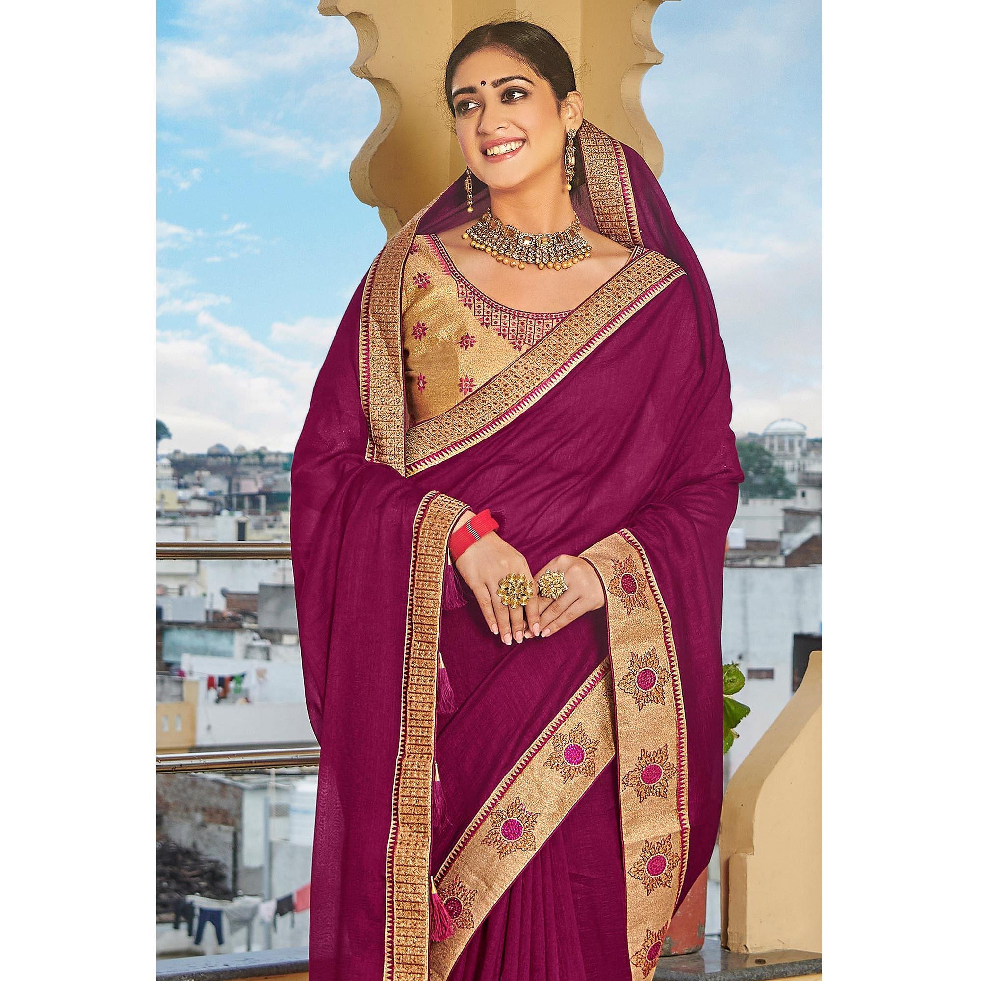 Purple Solid-Embroidered Border Vichitra Silk Saree With Tassels With Tassels - Peachmode