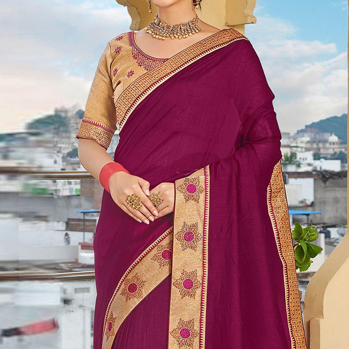 Purple Solid-Embroidered Border Vichitra Silk Saree With Tassels With Tassels - Peachmode