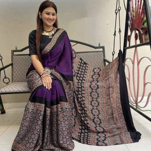 Purple Solid Linen Saree - Peachmode