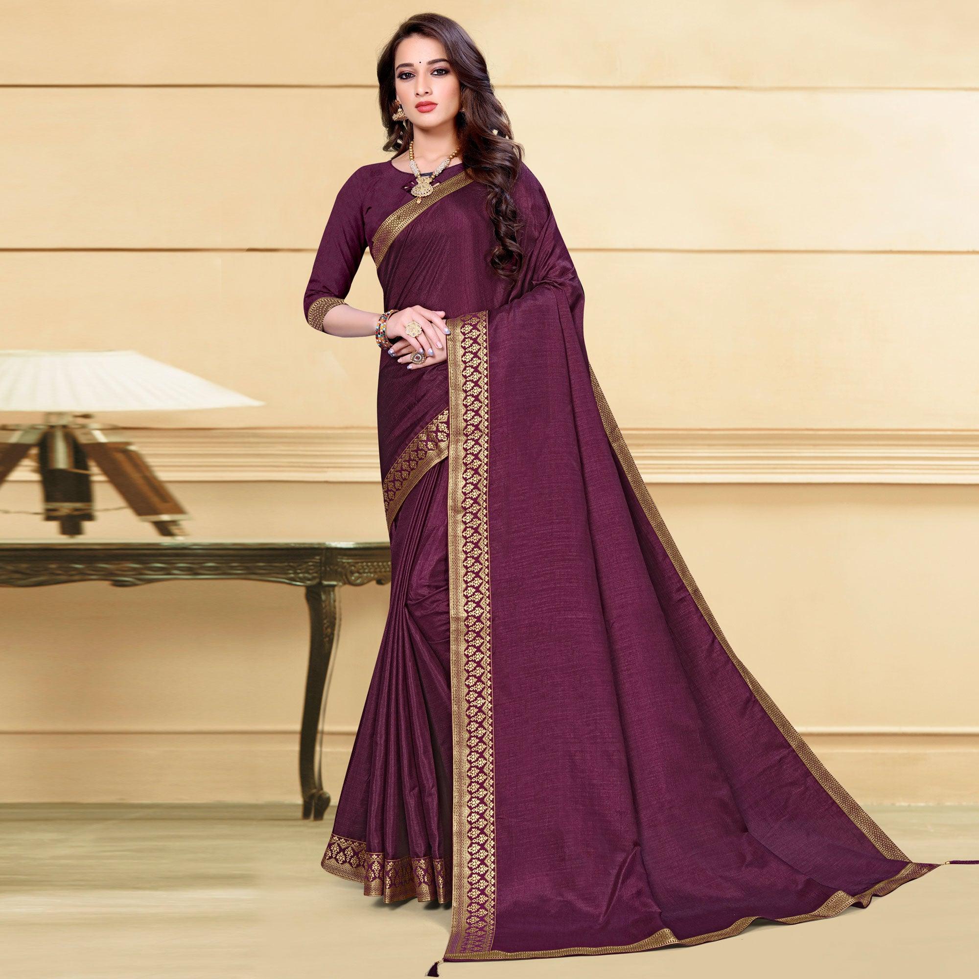 Purple Solid Vichitra Silk Saree - Peachmode