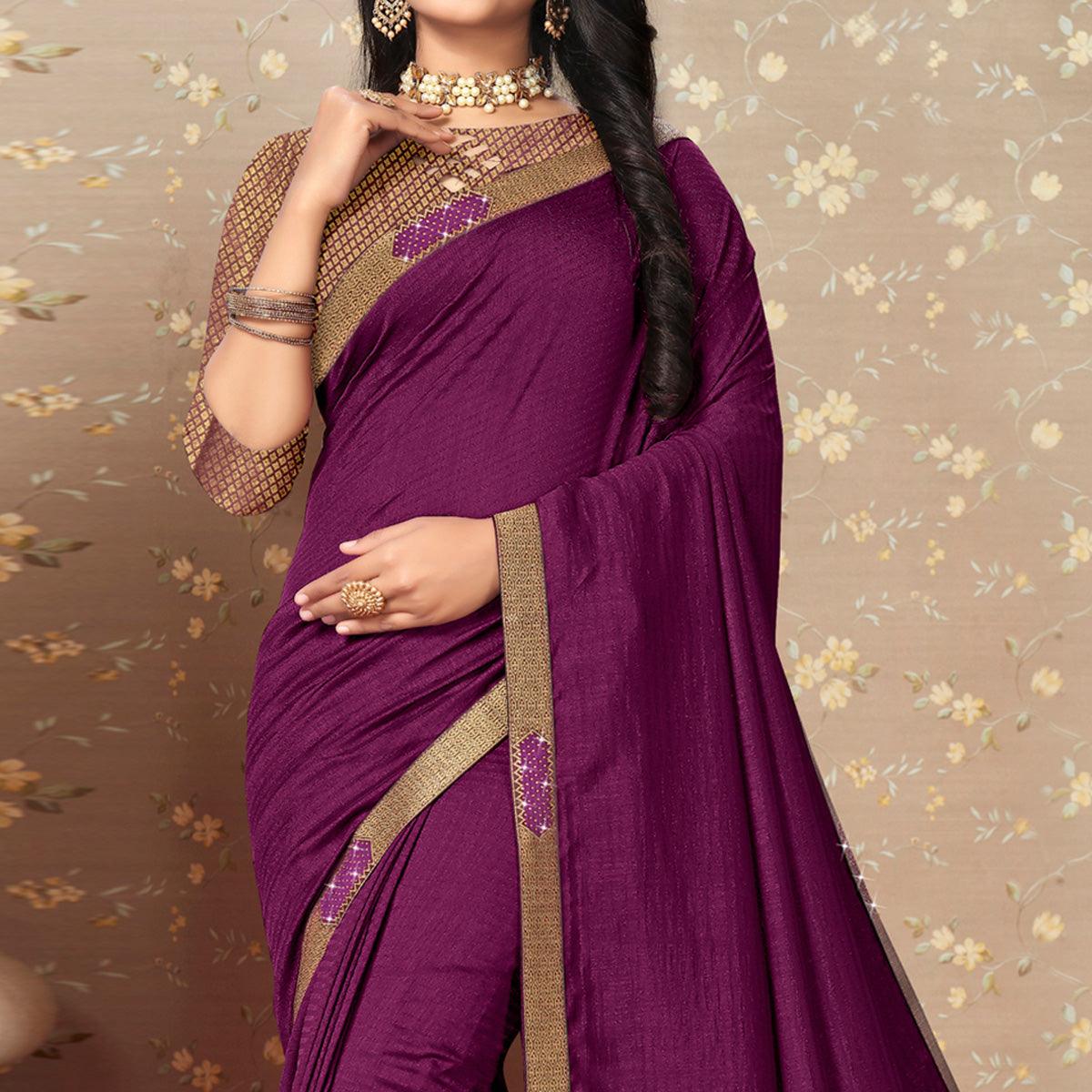 Purple Solid Vichitra Silk Saree - Peachmode