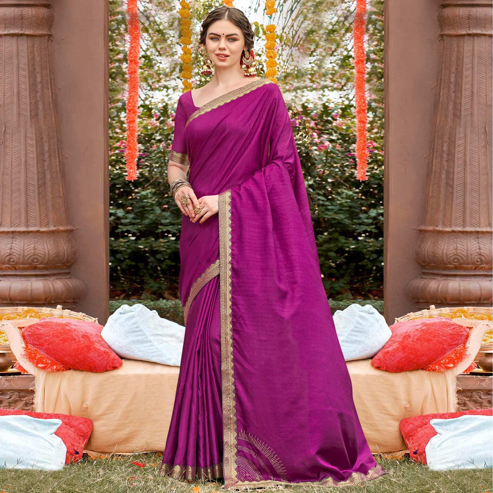 Purple Solid With Fancy Border Vichitra Silk Saree - Peachmode