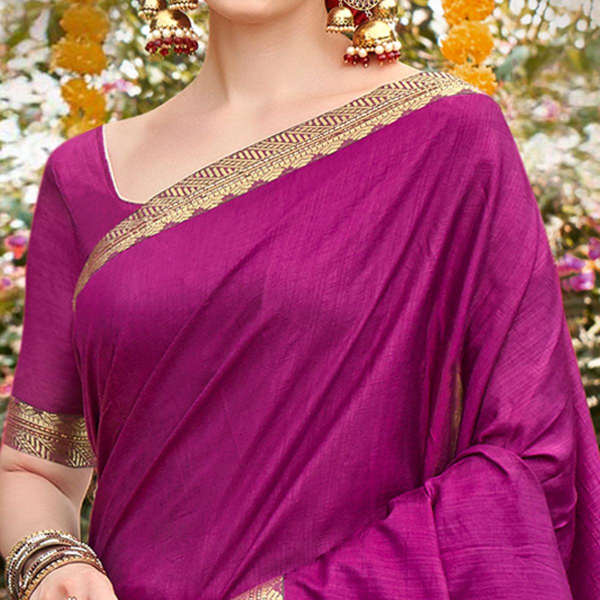 Purple Solid With Fancy Border Vichitra Silk Saree - Peachmode