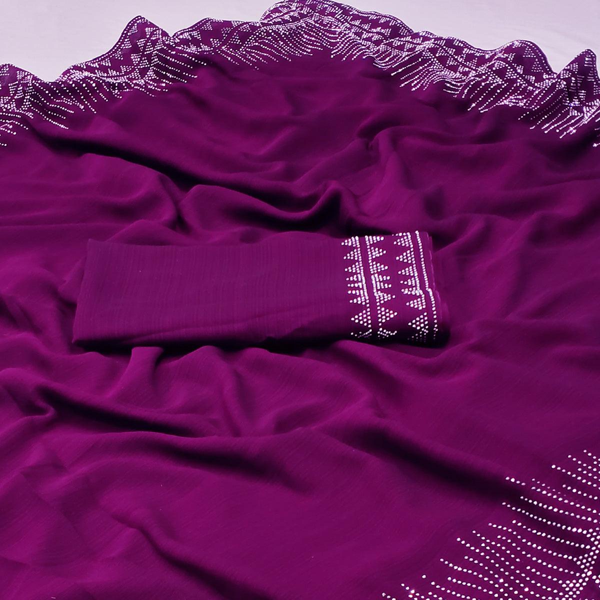 Purple Solid With Sequence Work Chiffon Saree - Peachmode