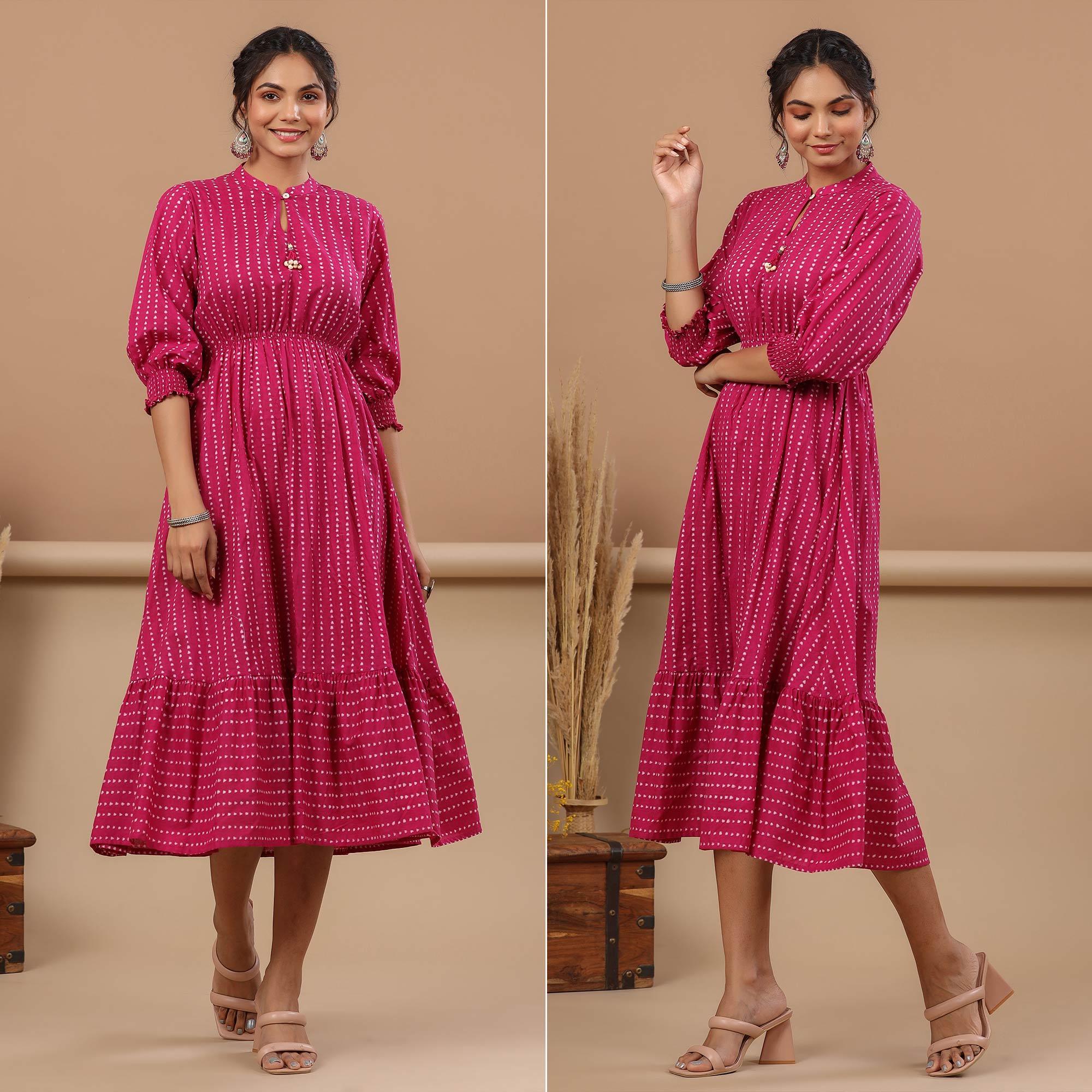 Purple Stripe Printed Pure Cotton Dress - Peachmode